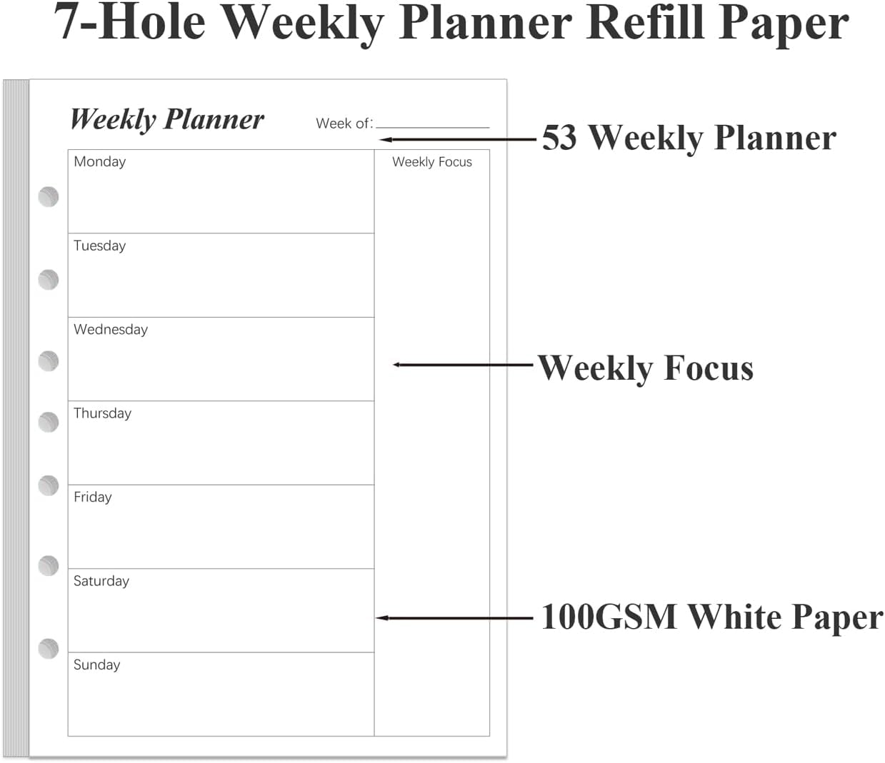 Weekly Planner Refills for 3 or 7 Ring Mini Binders - 53 Sheets/106 Pages Undated Weekly Planner, 100 gsm White Paper, Lasts 1 Year, Undated, 5.8" x 8.3", Black