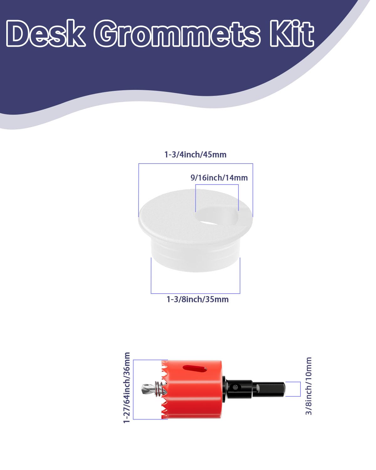 1-3/8 in. Hole Saw with 10PCS White Desk Grommet - Cable Management Kit for TV, Office, and Home Table - Hide Wires Behind Wall, TV Wall Cable Pass Through, Desk Cable Hole Covers