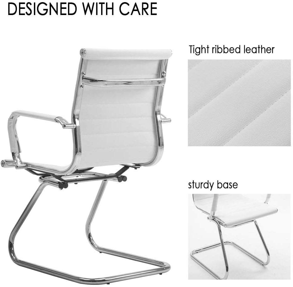White Office Desk Chair No Wheels Set of 4 PU Leather Computer Chairs Mid Back Guest Chairs for School Reception Conference Waiting Room, White