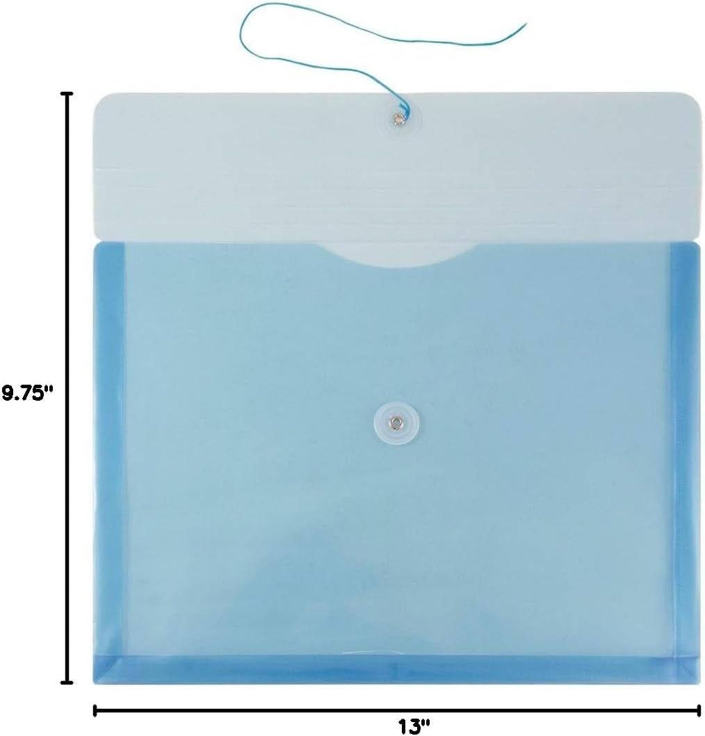 JAM PAPER Plastic Envelopes with Button & String Tie Closure - Letter Booklet - 9 3/4 x 13 - Blue - 3/Pack
