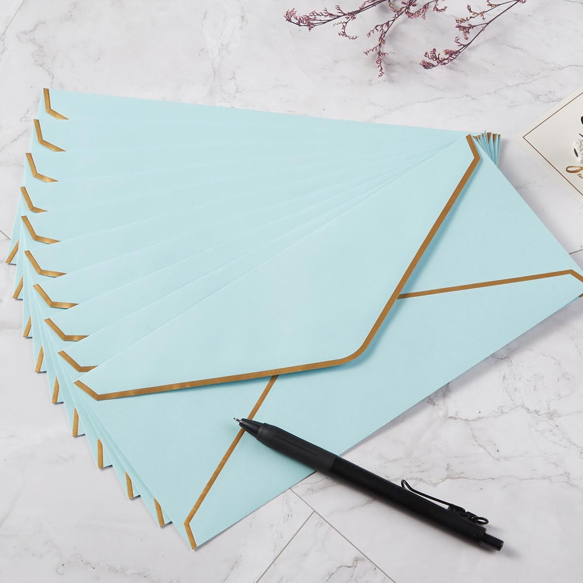 30 Pack Thick #10 Business Envelopes with Gold Border, 4 1/8 x 9 1/2 Thick Paper Standard Envelopes with Stickers for Office, Checks, Letter Mailing, Invoices (Light Blue)