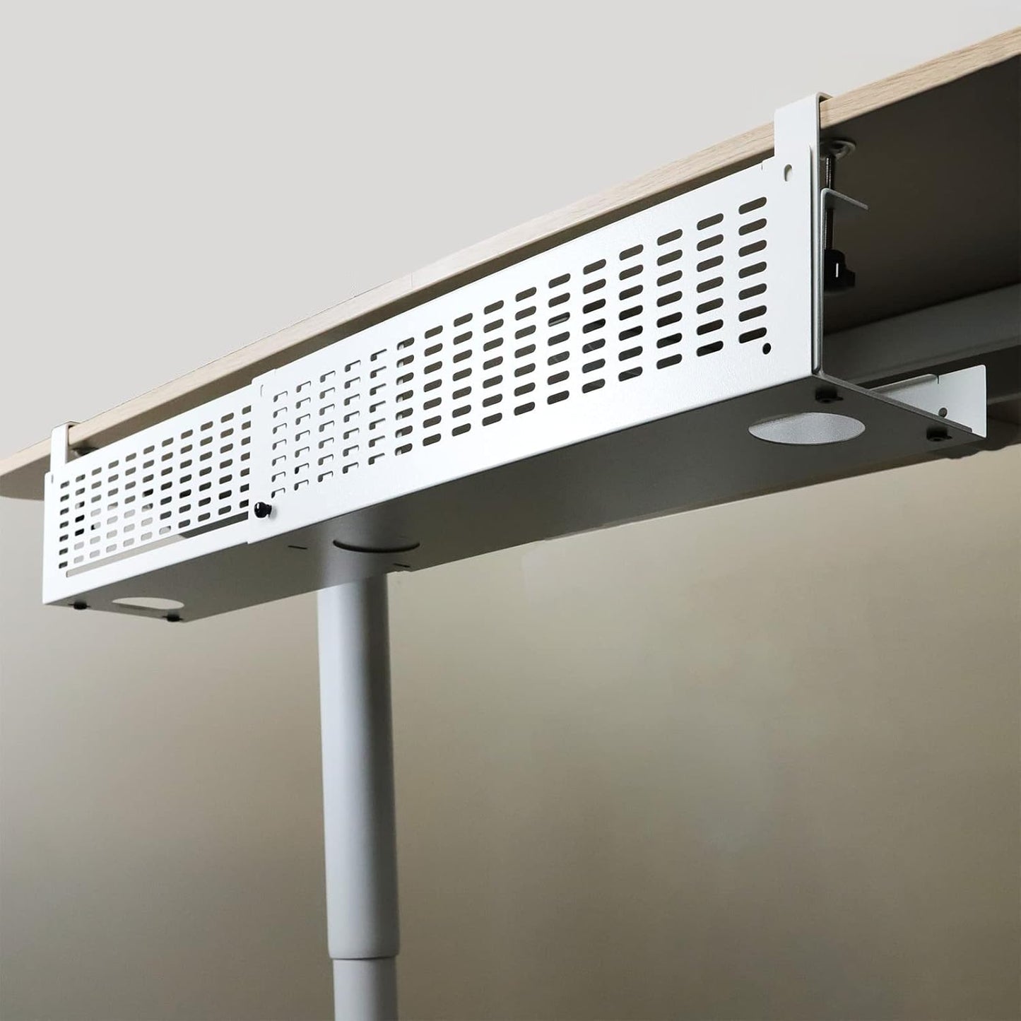 AEONS Under Desk Cable Management Tray Kit - Horizontal Adjustable up tp 41” Desk Organizer Removable C Clamp Mount Reversiable Computer Cord Raceway and Modesty Panel for Large Desk, White/Beige