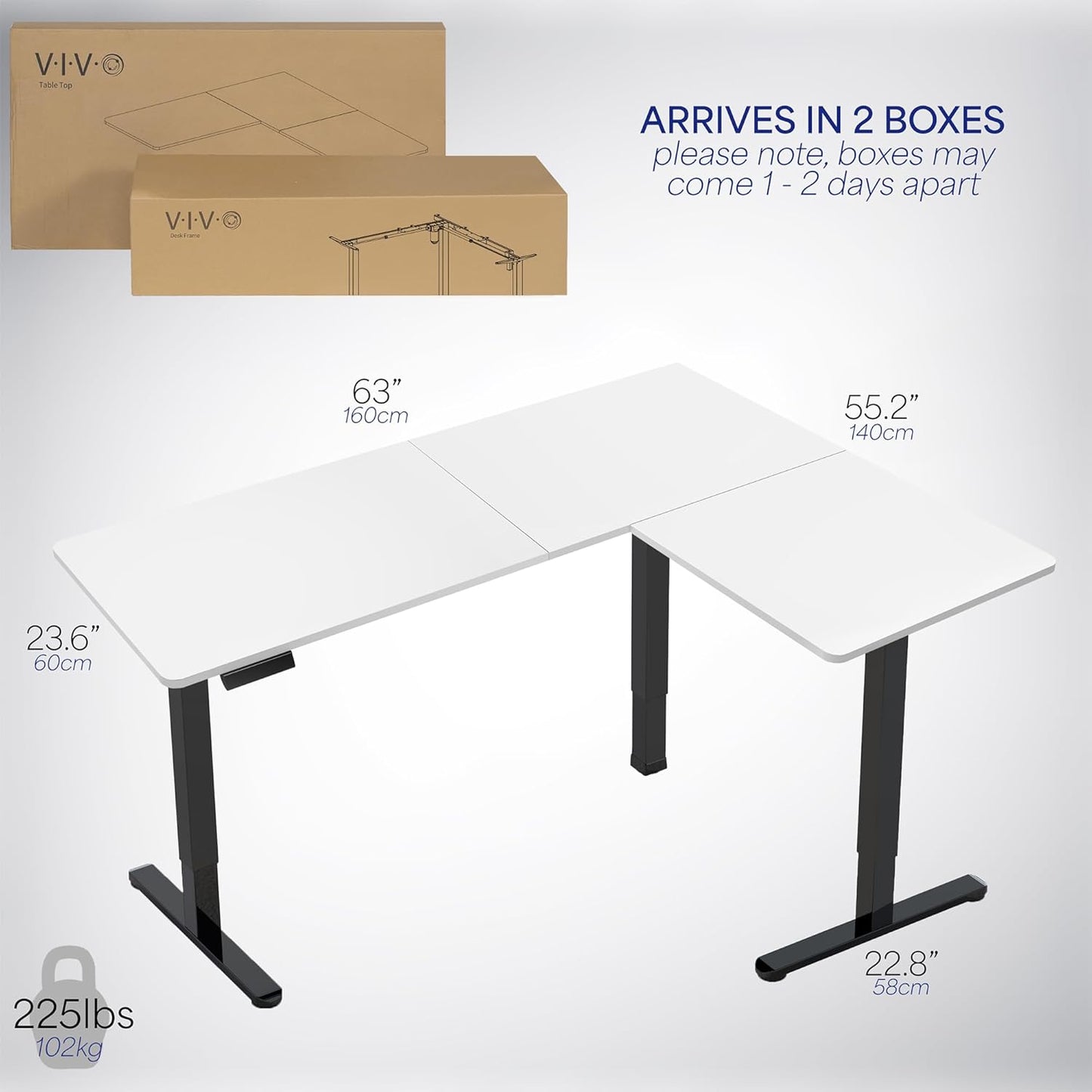 VIVO Electric Corner L-Shaped 63 x 55 in Standing Desk, Memory Height Adjustment, White Top Black Frame, DESK-E3CTBW