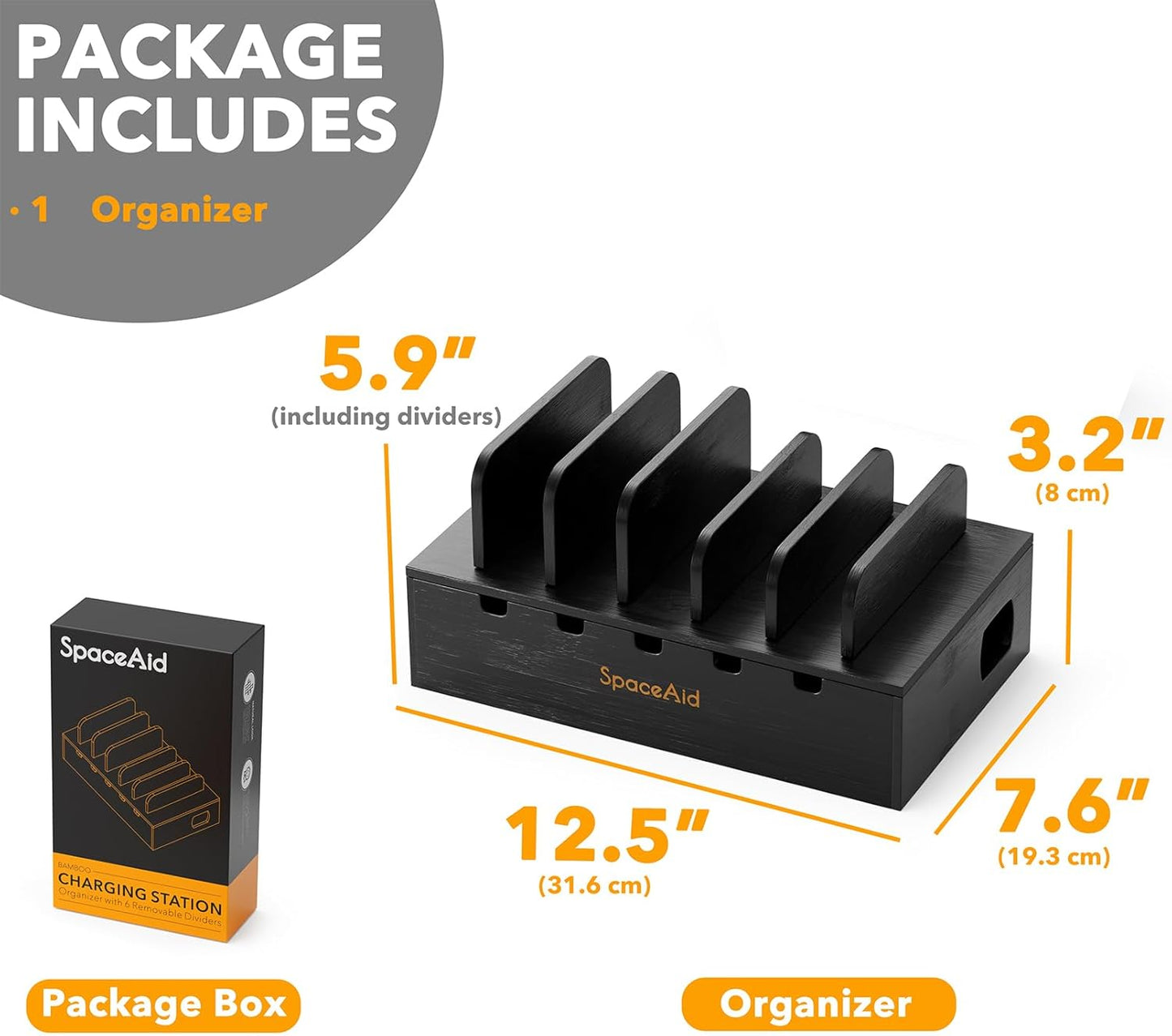 SpaceAid Bamboo Charging Station for Multiple Devices, Cell Phone Docking Stations for Multi Laptop, Tablets and iPads, Nightstand Bedside Desk Device Charger Organizer (Black)