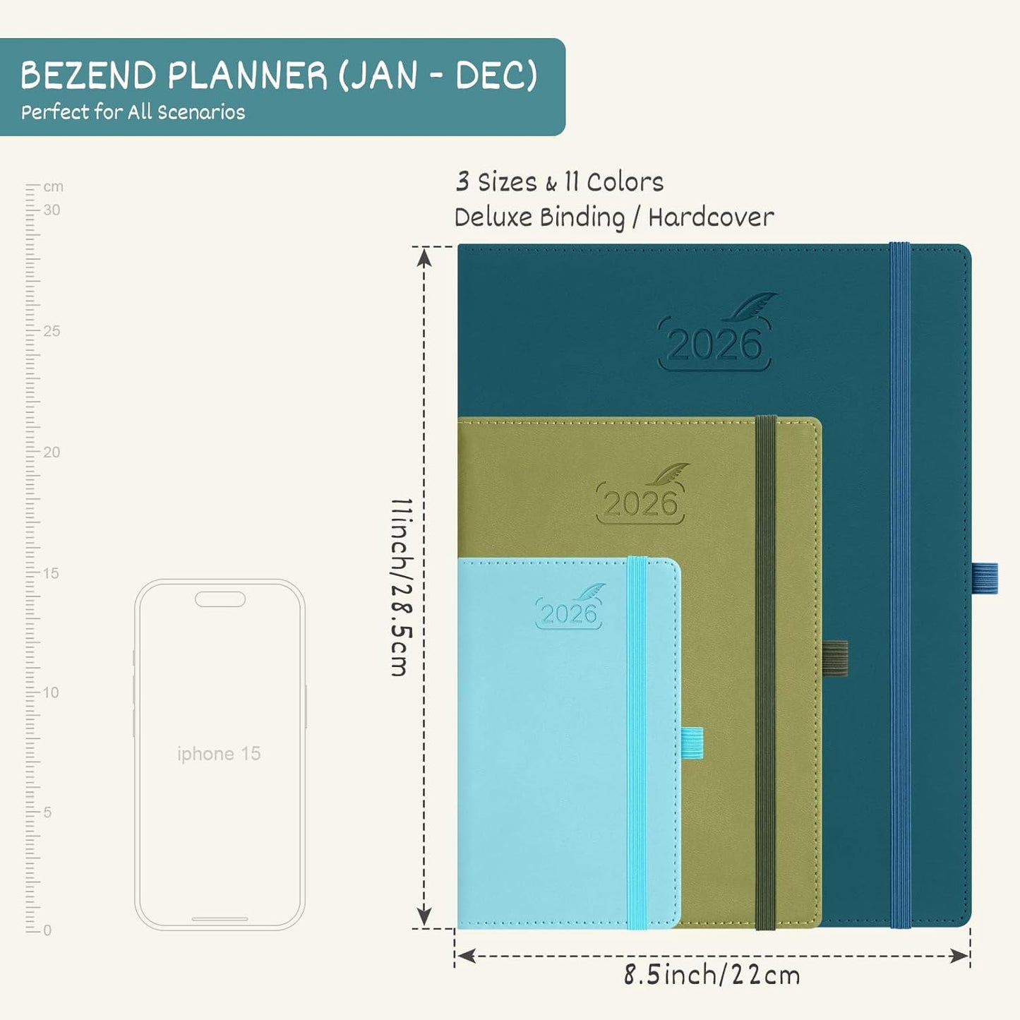 BEZEND 2026 Planner Weekly and Monthly (8.5" x 11") Daily Calendar with Half-Hourly Timeslots & Tab (Jan-Dec) Note & Expenses, Pen Holder, Inner Pocket, Vegan Leather Hardcover - Orange