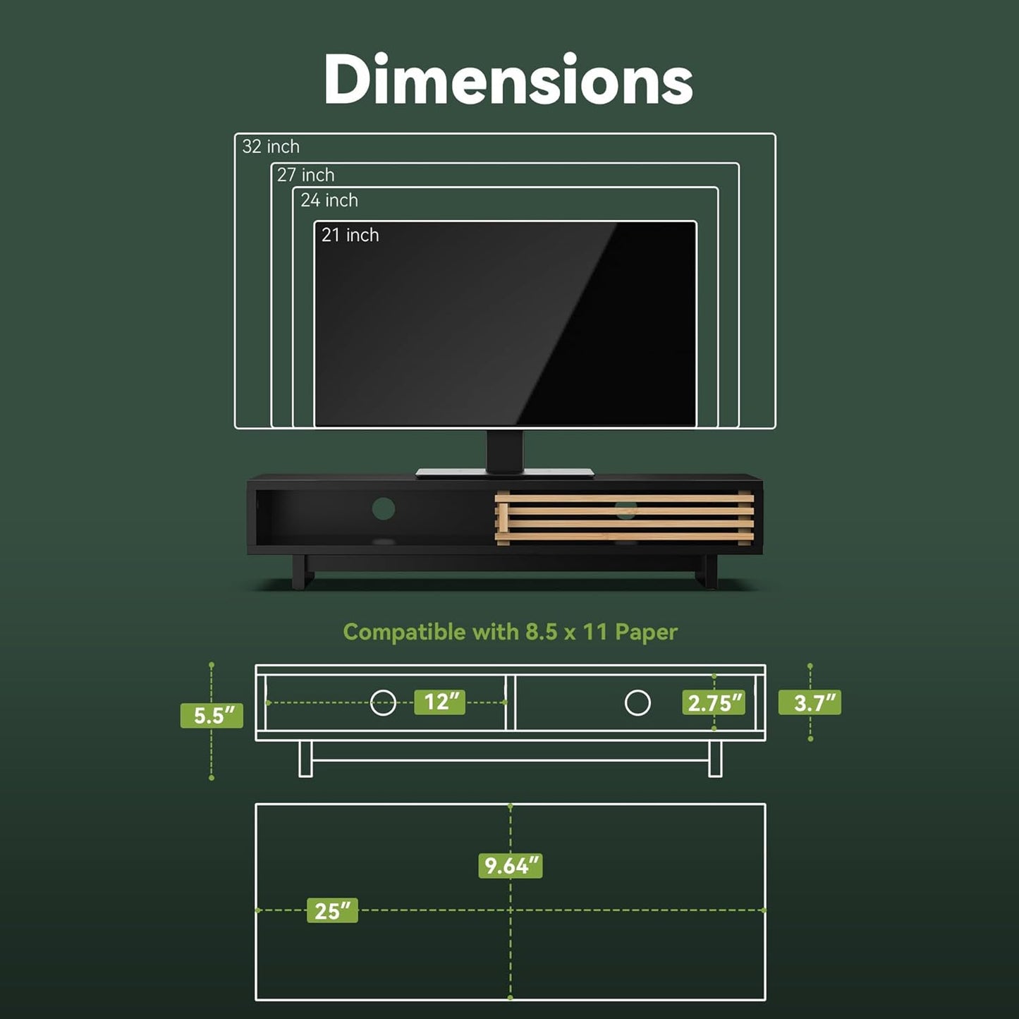 Monitor Stand Riser with Sliding Door, Computer Laptop Stand Desk Shelf Organizer with Storage (Black + Natural Bamboo, 25 Inch)