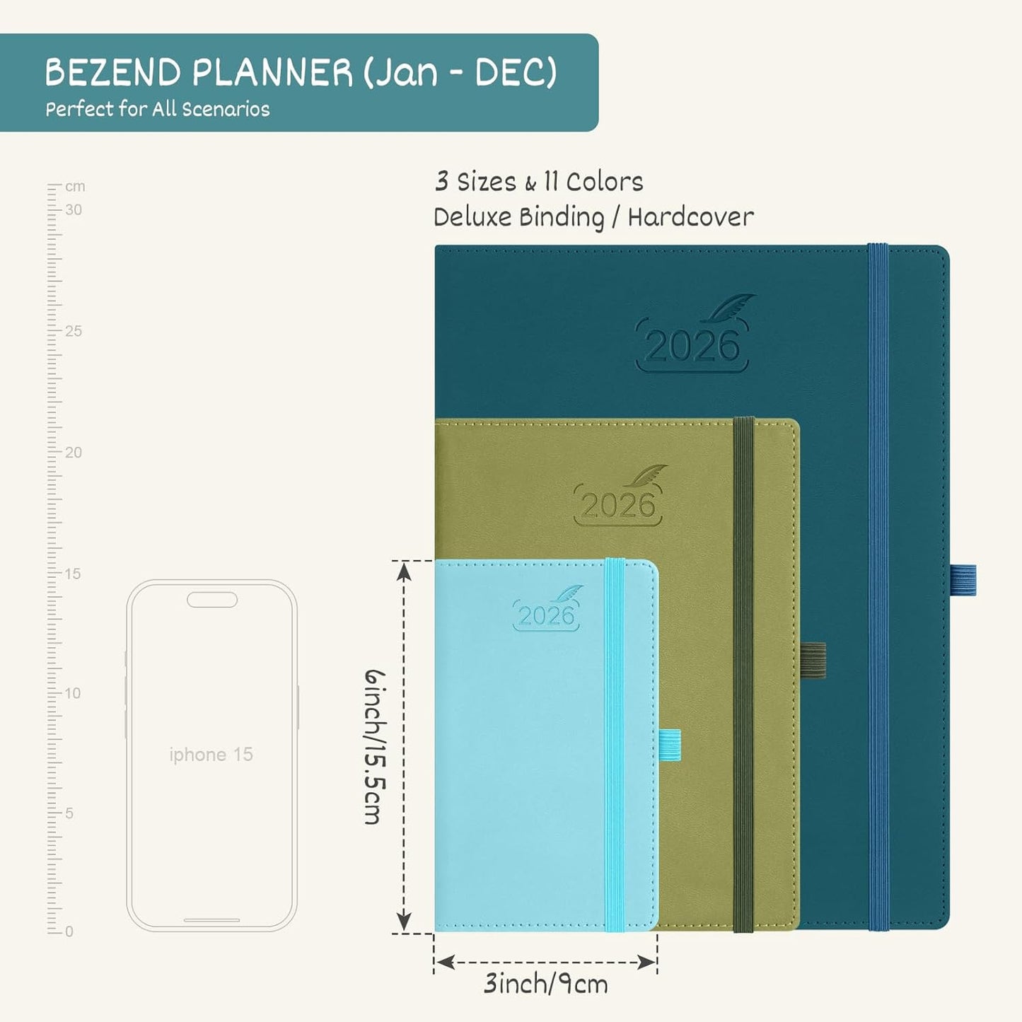 BEZEND Pocket Calendar 2026 Weekly and Monthly (3.5" x 6") Small Daily Planner for Purse (Jan-Dec) with Notes & Expenses, Inner Pocket, Pen Holder, Vegan Leather Hardcover - Mint Green