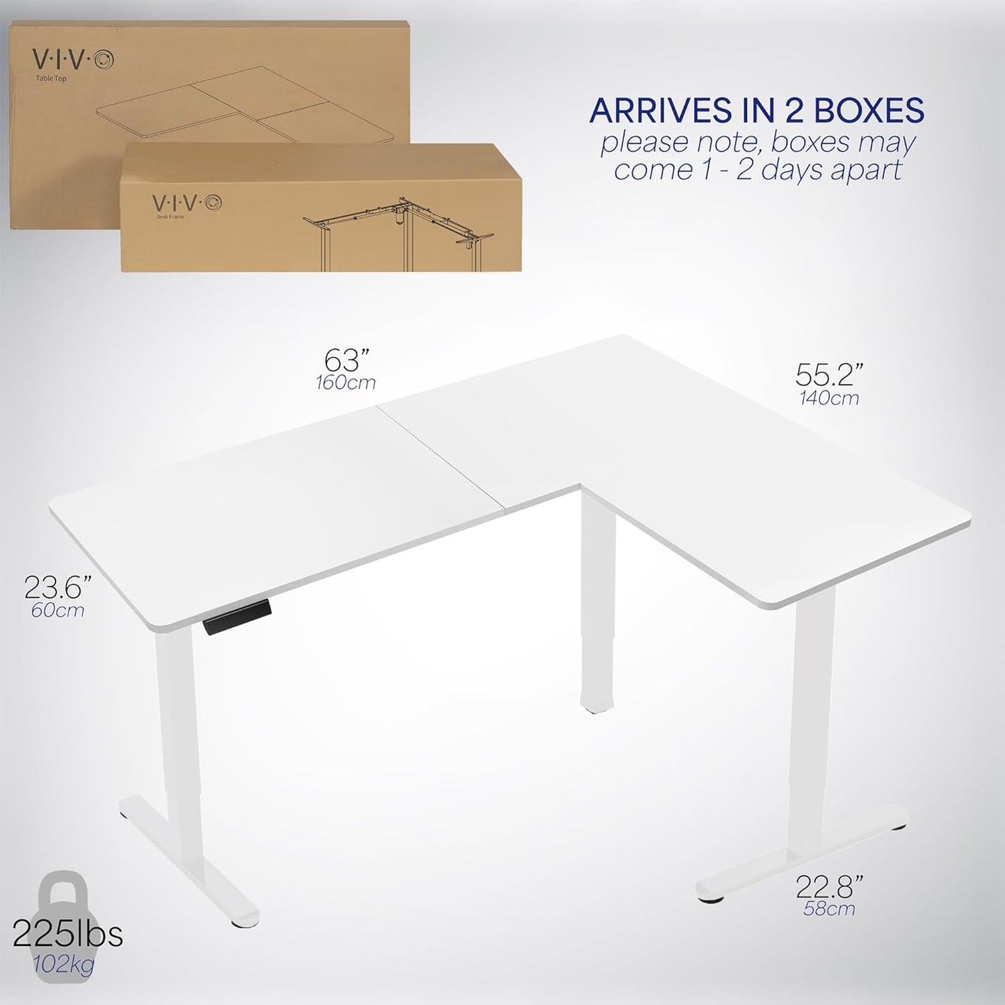 VIVO Electric Corner L-Shaped 63 x 55 in Standing Desk, Memory Height Adjustment, White Top White Frame, DESK-E3CTW