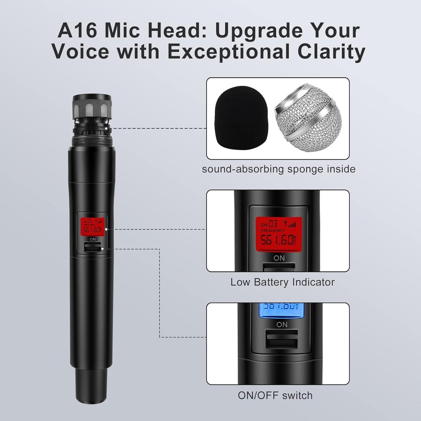 4-Channel Wireless Microphone System, Quad UHF Metal Cordless Mic, 2 Handheld Mics, 2 Bodypack Mics, Long Distance150-200Ft, Fixed Frequency, 16 Hours Use for Karaoke Singing, Church