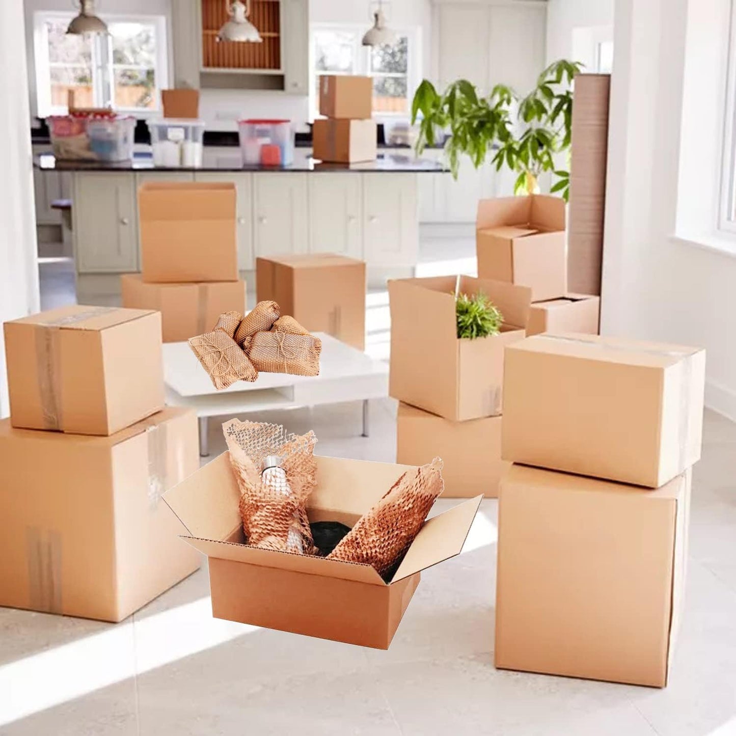 Honeycomb Packing Paper, 12" x 400' Honeycomb Cushioning Wrap Roll for Moving Shipping Packaging Gifts, Recyclable Honeycomb Paper Bubble Paper Wrapping with 20 Fragile Sticker Labels