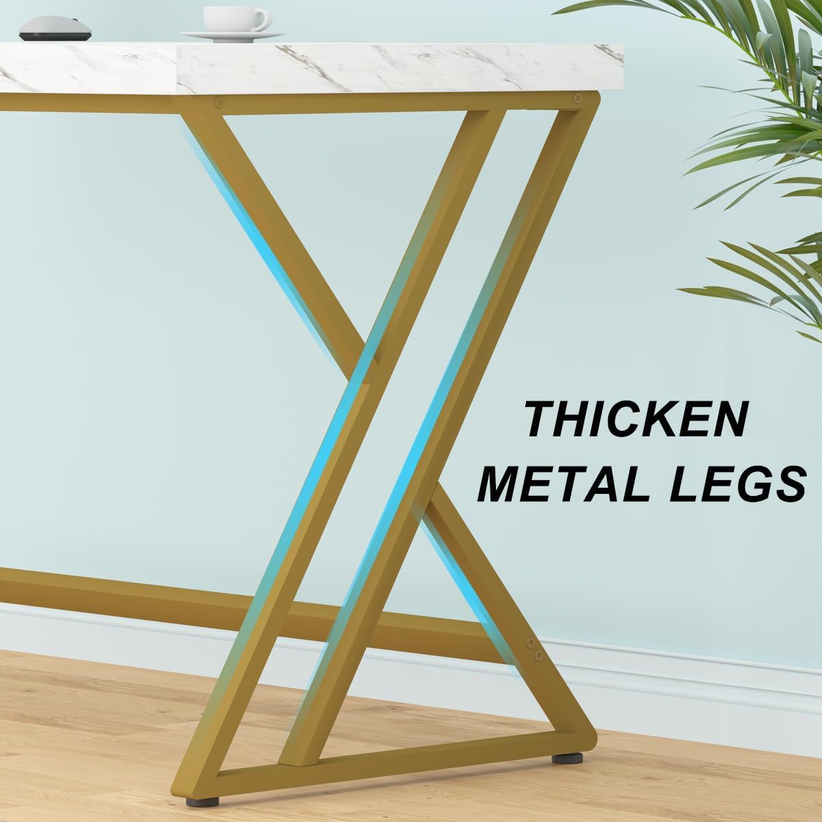 LVB White and Gold Desk, Wood Faux Marble Home Office Computer Desk, Modern Study Executive Table for Gaming Writing, Metal Simple Student Desk for Bedroom, White Marble and Gold, 55 Inch