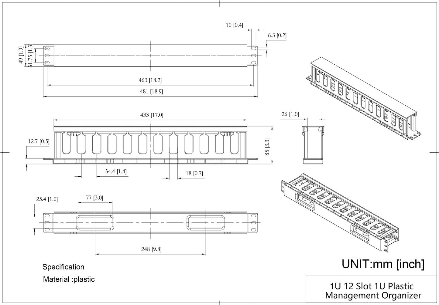 2 Pack 1U 12 Slot Horizontal Rack Mount Cable Management Organizer Plastic 19" Rack Mount with M6 Screws and Cage Nuts (PCMB12S2PC)