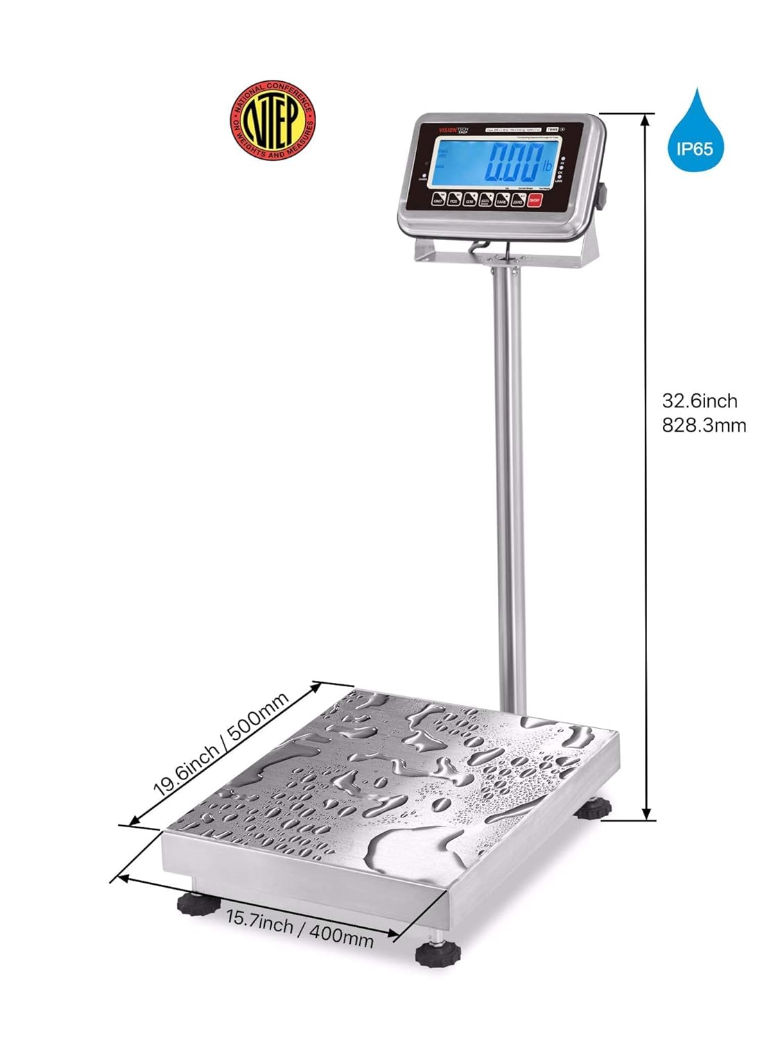 VisionTechShop TBWS-200 Washdown Stainless Steel Bench Scale, Lb/Kg/Oz Switchable, 200lb Capacity, 0.05lb Readability, NTEP Legal for Trade