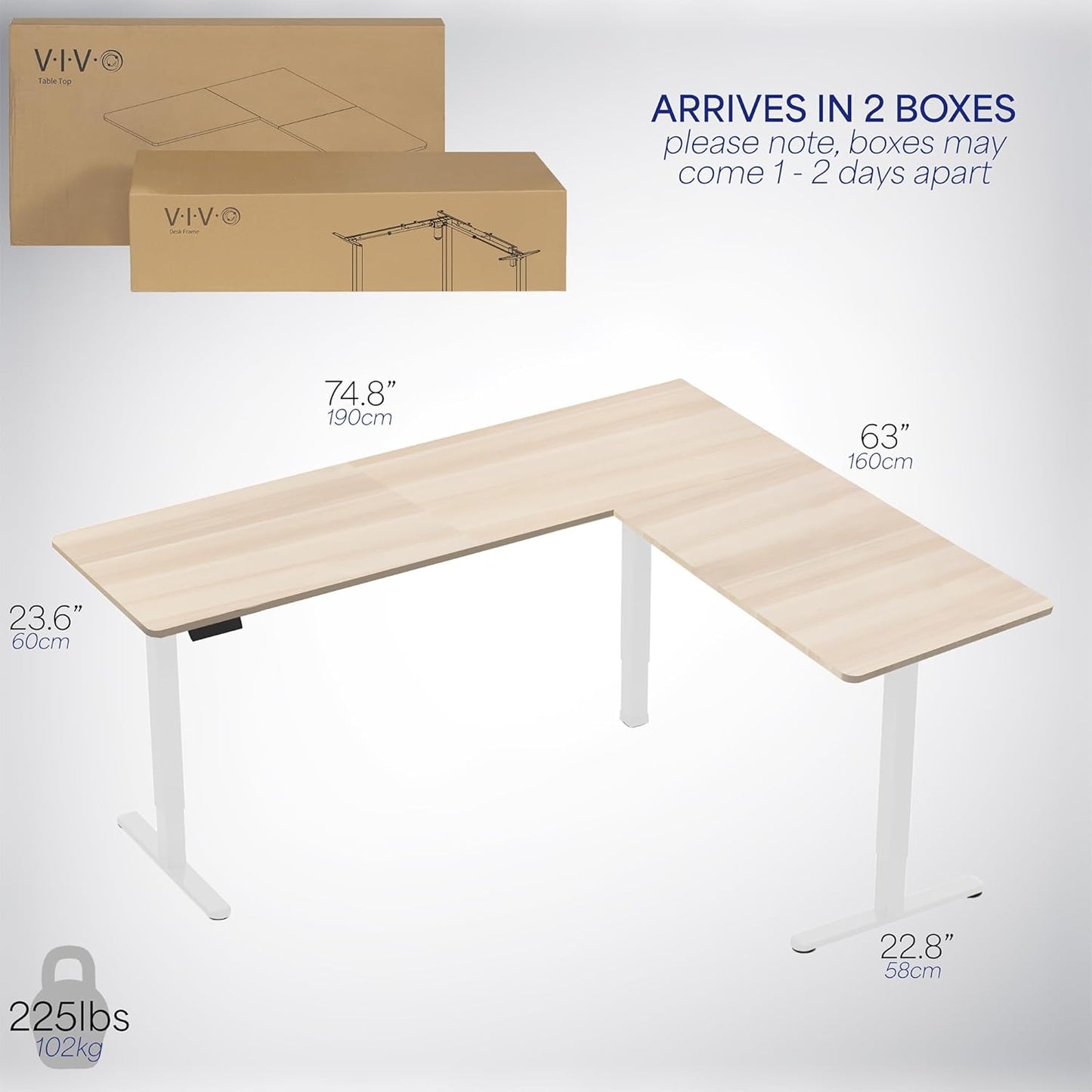 VIVO Electric Corner L-Shaped 75 x 63 in Standing Desk, Memory Height Adjustment, Light Wood Top White Frame, DESK-E3CTC-75