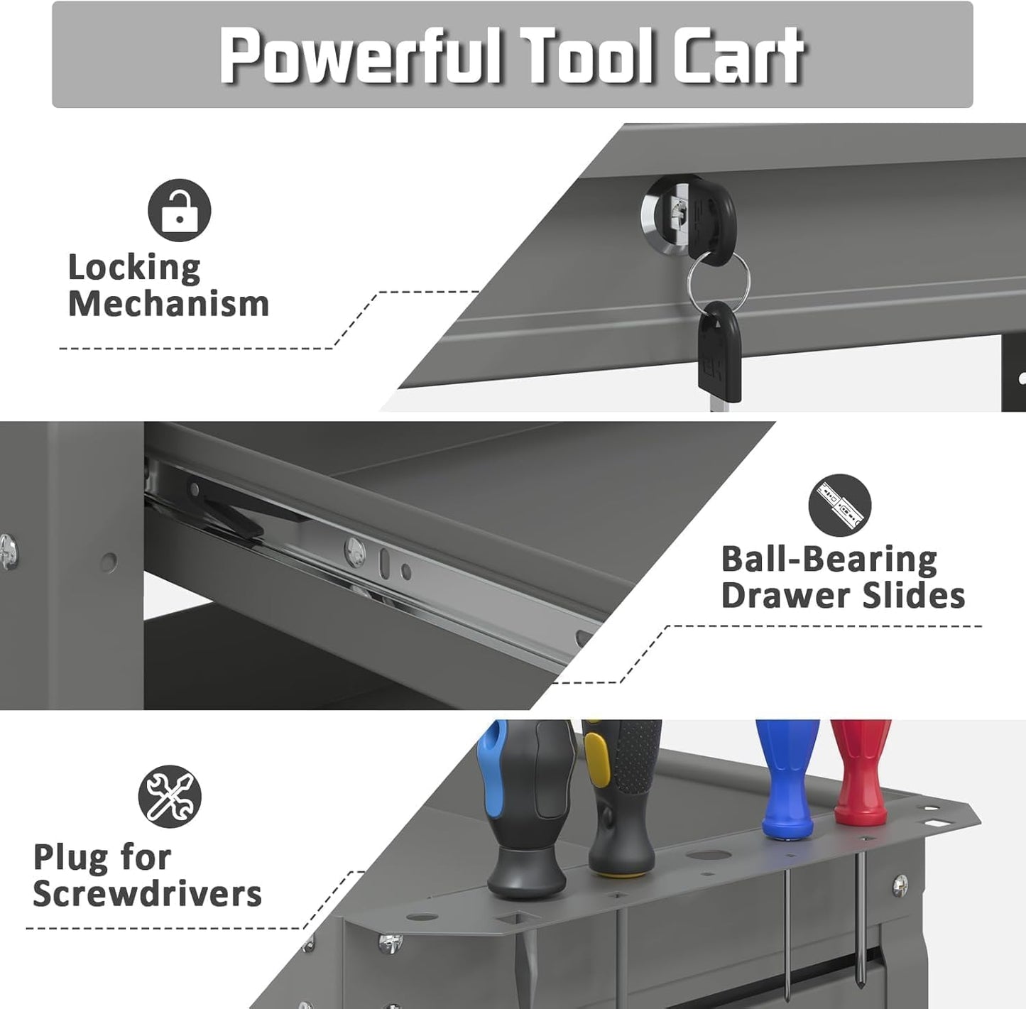 3 Tray Rolling Tool Cart, 400 LBS Capacity Mechanic Tool Carts on Wheels, Heavy Duty Utility Cart with Drawers, Metal Work Cart for Garage, Warehouse and Repair Shop, Grey