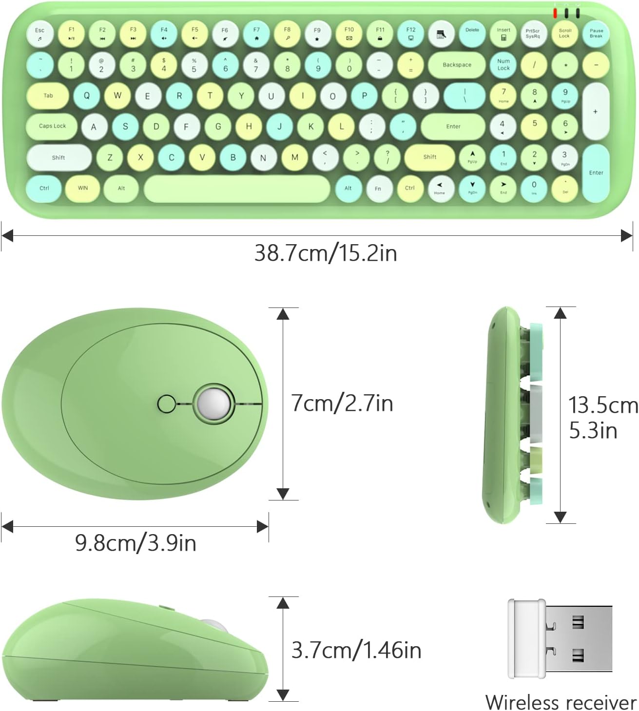 Wireless Keyboard and Mouse Combo, MOWUX - Modern Compact Layout, Colorful Compact Candy Mouse and Retro Round Keyboard Set with Cover, for PC/Laptop/Windows/Mac - Green Colorful