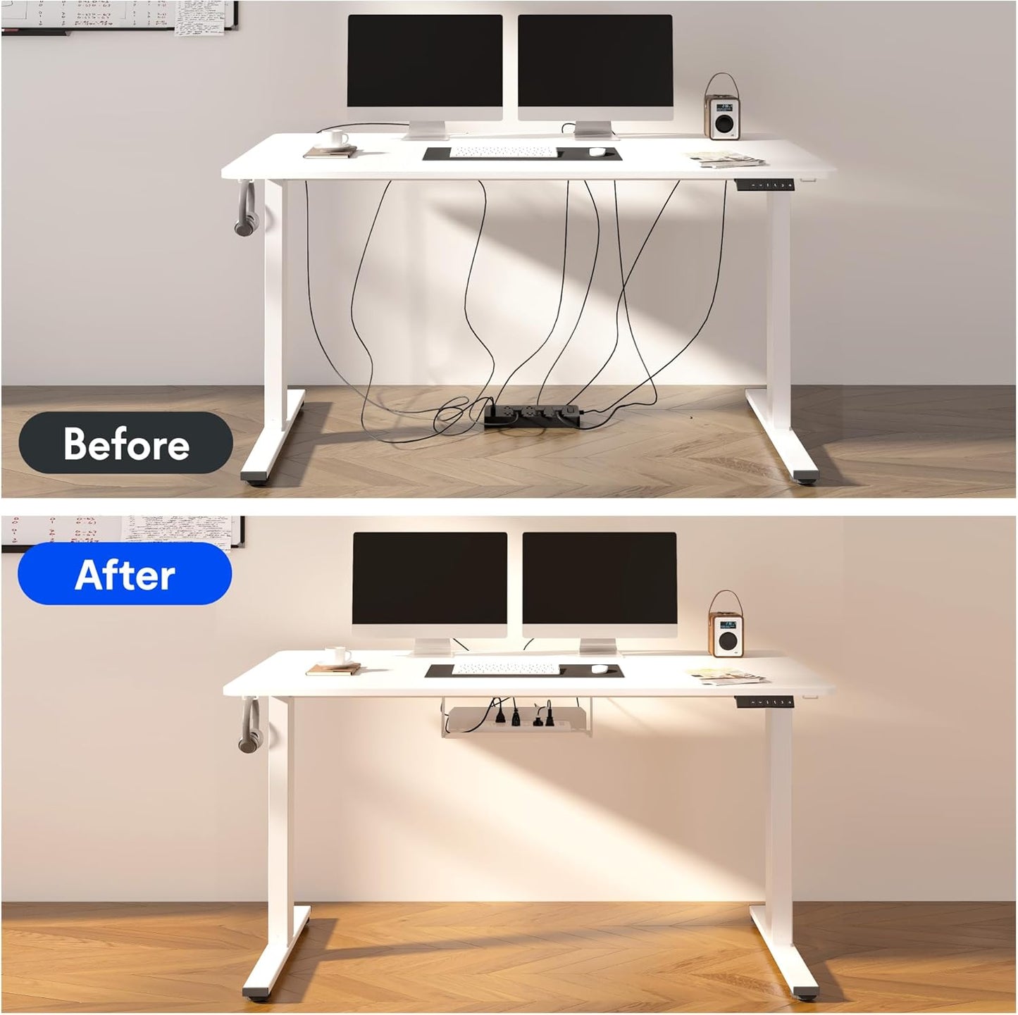 FLEXISPOT EN2 Whole-Piece Standing Desk with Clamp Power Strip, 48 x 30 Electric Stand Up Height Adjustable Desk with Cable Management (White Frame + 48" White Wood Grain Desktop, 2 Packages)