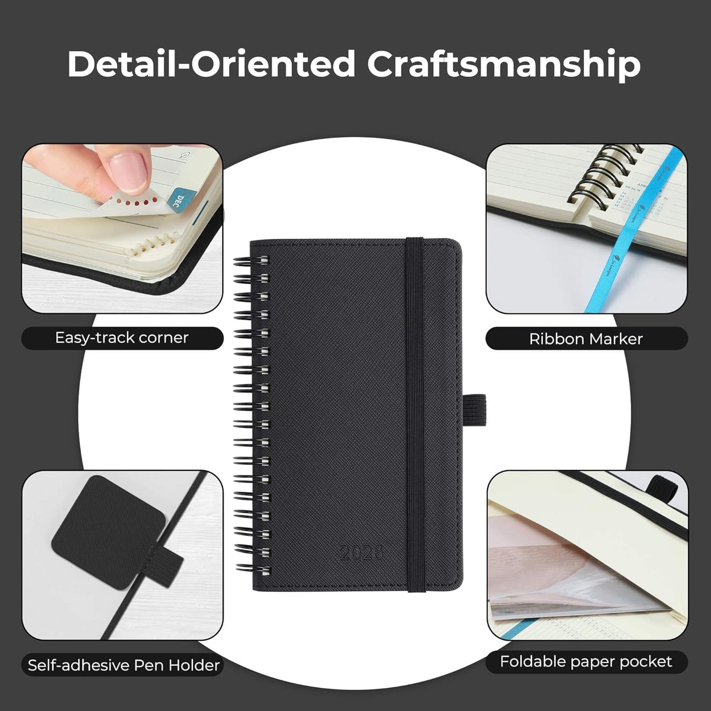 Planner 2026 Daily Weekly and Monthly,6.5"x3.75",12 Months Spiral Bound Calendar Agenda with Self-adhesive Pen Holder,2026 Appointment Book with Vegan Leather Soft Cover,Black