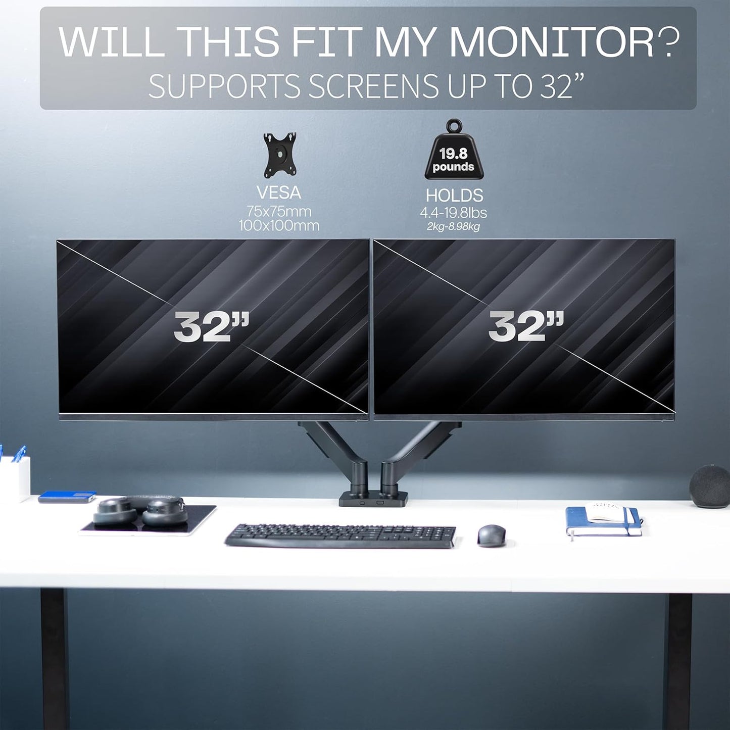VIVO Dual Monitor up to 32 inches and 19.8 lbs per Screen, Pneumatic Arm Desk Mount, Articulating Counterbalance, VESA Stand, Classic, STAND-V002O