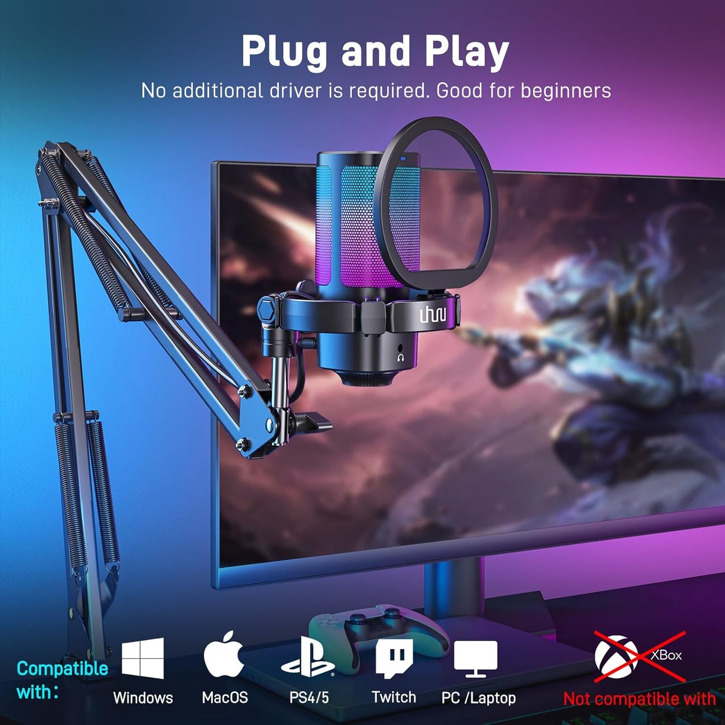 UHURU Gaming USB Microphone for PC, Computer Mic with Controllable RGB for PS4/5 Gamers, Podcast Mic with Boom Arm, Noise Cancellation, Mute Button, Gain Knob for Streaming Discord Twitch-UM2S
