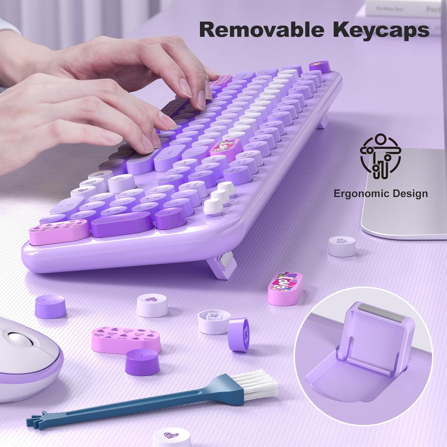 Wireless Keyboard and Mouse Combo, MOWUX Full Size Typewriter Retro Round Computer Keyboard, Cute Optical Mouse Wireless, Plug and Play, for Laptop, PC, Computer- Purple Heart