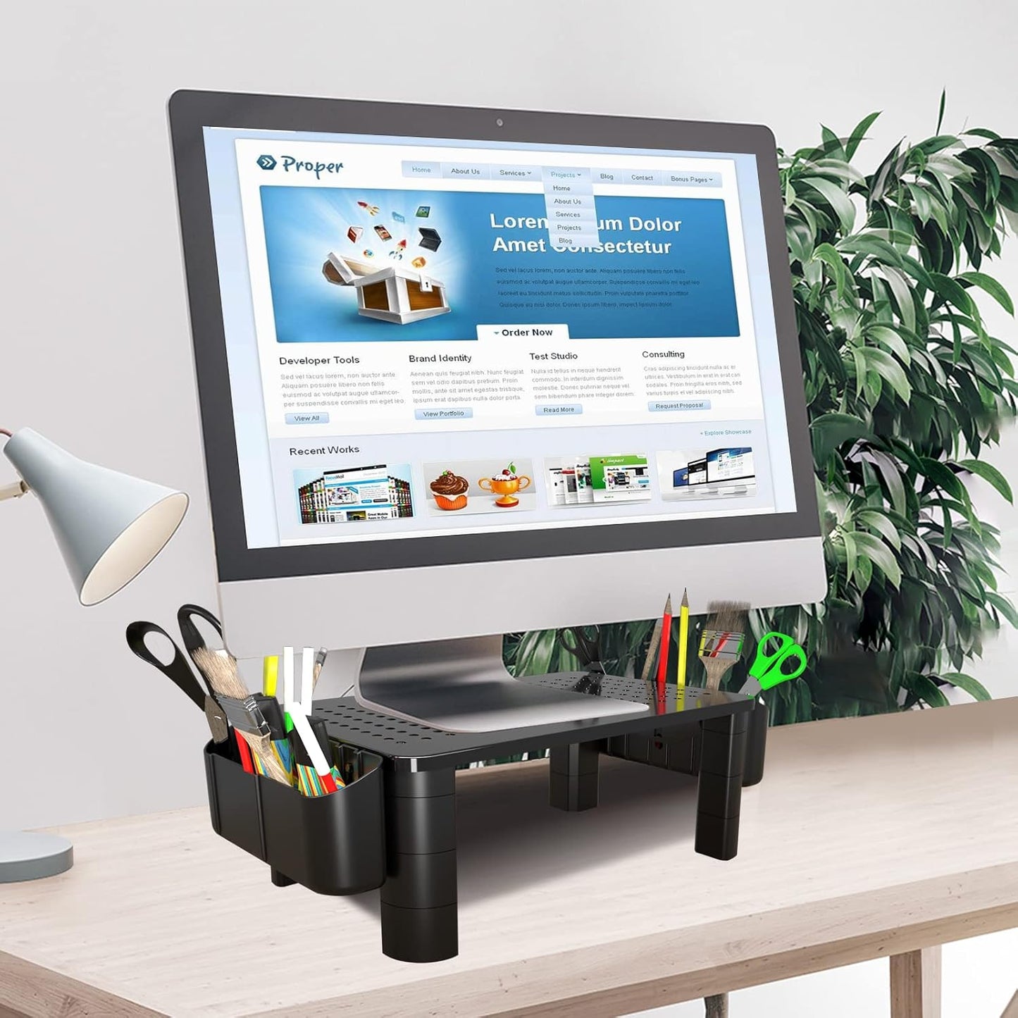 Pholiten Monitor Stand with Storage Drawer | Desk Organizer Riser for Computer Screens, Laptops | Office & Home Workspace Solution, 44lbs Capacity Weight,Black