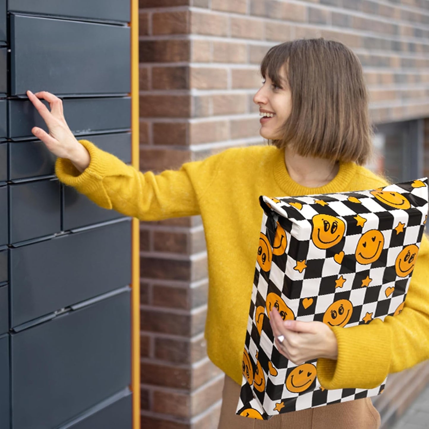 Poly Mailers 10x13 Inch 100 Pcs - Smiles Checkerboard Printed Shipping Bags, 2.4mil Thickness, Waterproof and Tear Resistant Mailing Envelopes, Self-Sealing Packaging Bags for Small Business