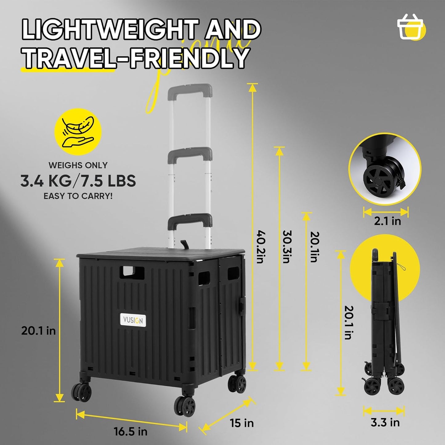 VUSIGN Folding Utility Cart, Foldable Rolling Crate Handcart with Lid, Portable Collapsible Shopping Trolley Tool Box, 4 Rotate Wheels for Grocery, Office, Travel, Teacher, Luggage, Black