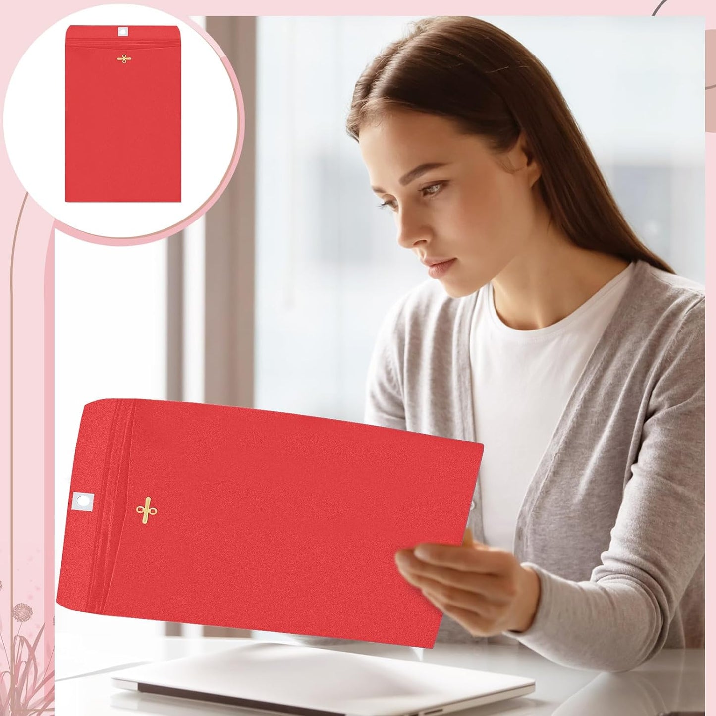 Geyee 100 Pcs Clasp Manilla Envelopes 9 x 12 Inch Gummed Colored Envelopes for Storing or Mailing for Home Office Business Supplies(Red)