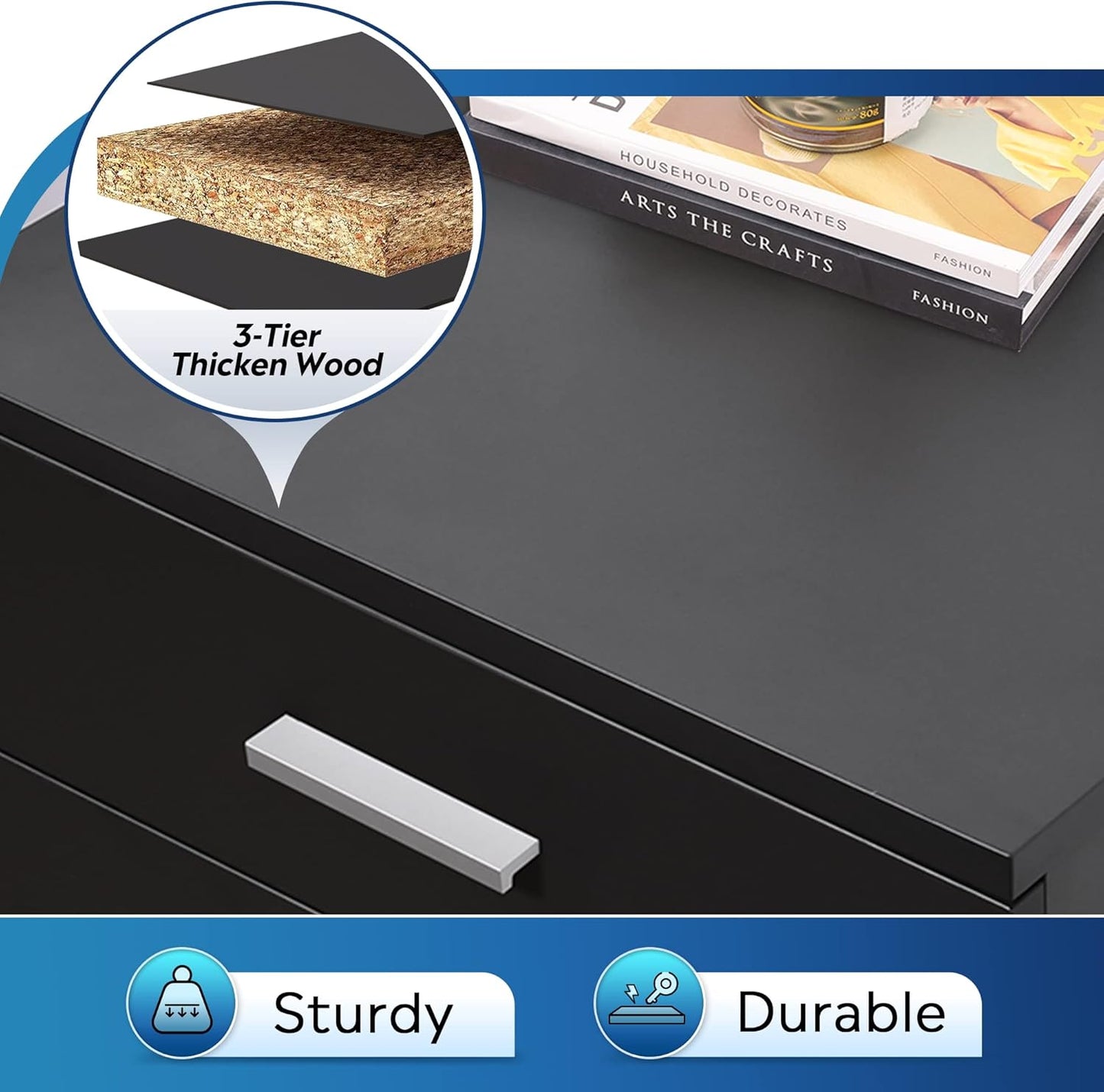 DEVAISE 3 Drawer Wood Mobile File Cabinet, Rolling Filing Cabinet for Letter/A4 Size, Printer Stand for Home Office, Black