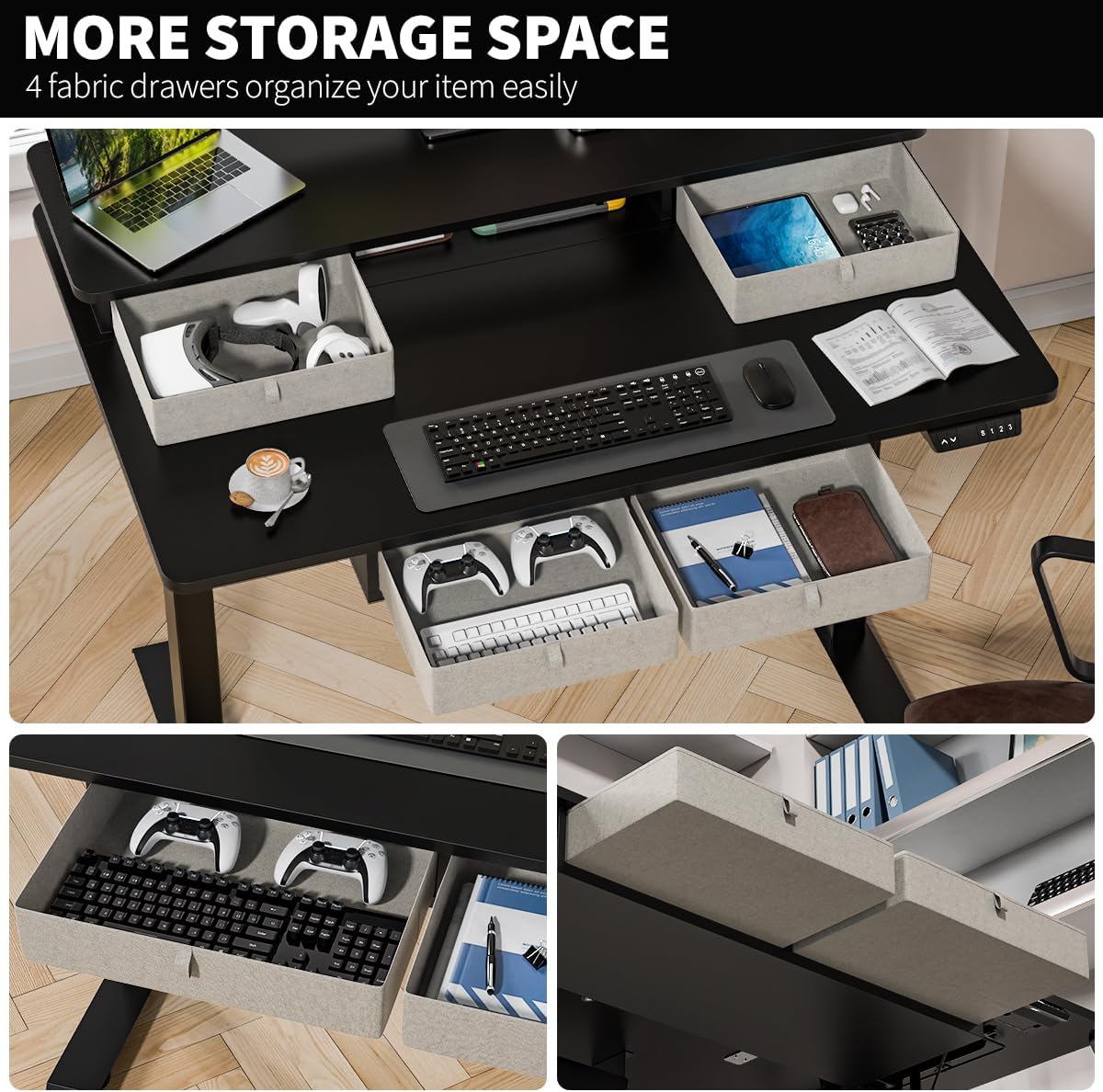 Standing Desk with Fast Charging USB Ports, 48" x 30" Height Adjustable Home Office & Gaming Desk, Sit Stand Desk with Built-in Storage Shelf, Hook & Ergonomic Design(Classic Black)