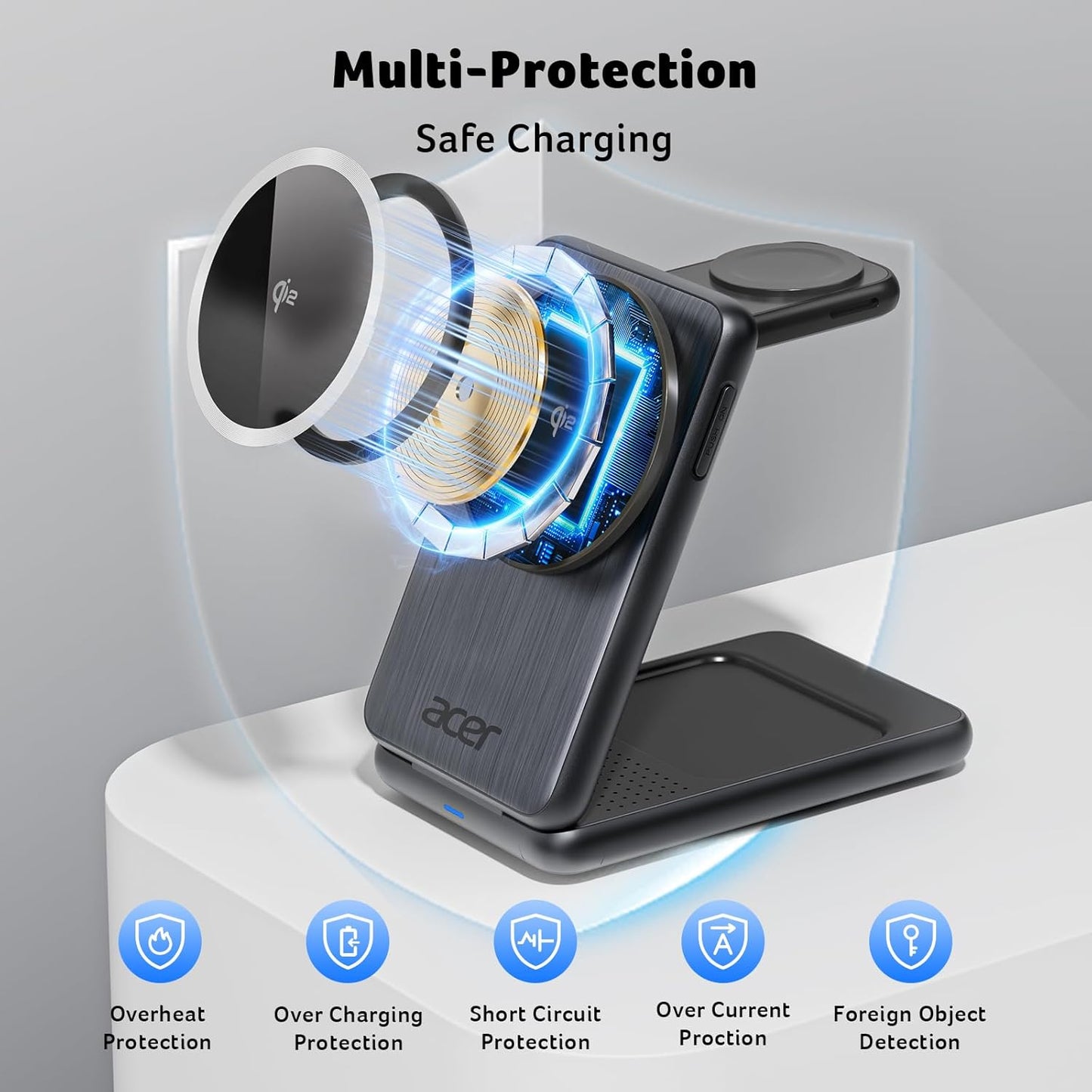 Acer Magnetic Wireless Charger, 3 in 1 Wireless Charging Station, 15W Fast MagSafe Charger for iPhone 16 15 14 13 12 Series -Apple Watch 10 9 8 7 6 5 4 3 2 SE and Ultra Series-Airpods 4 3 2 Pro Series