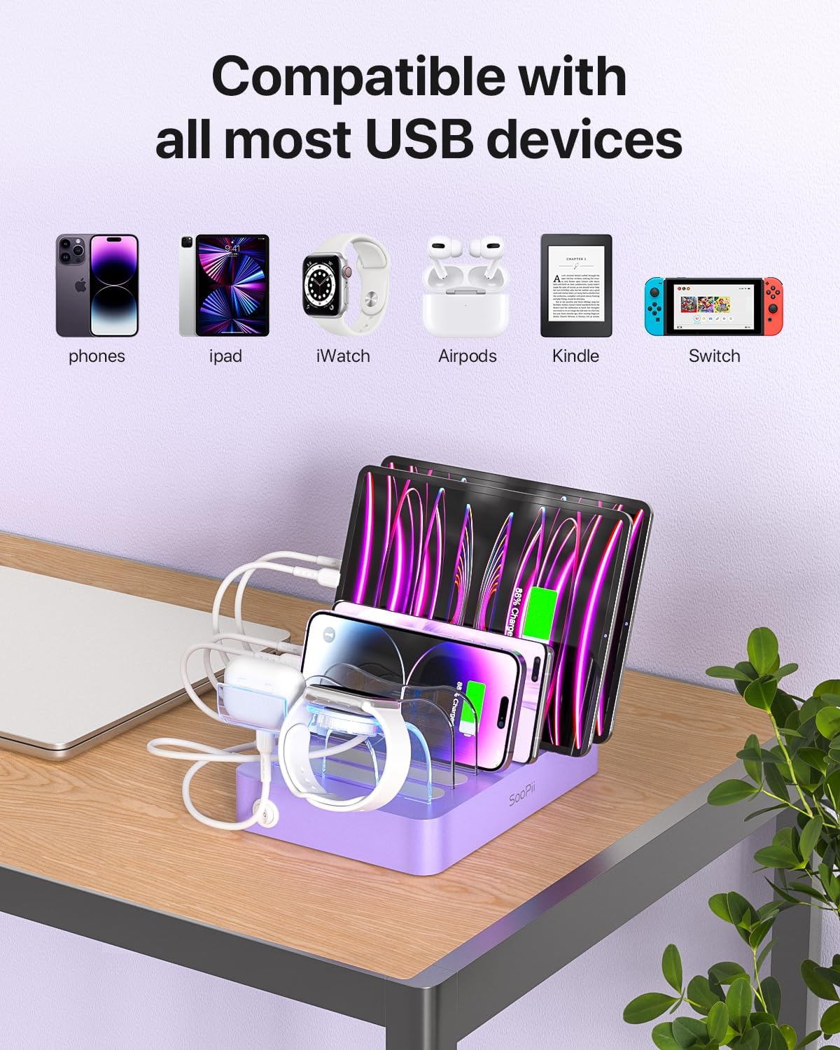 SooPii Premium 6-Port USB Charging Station Organizer for Multiple Devices, 6 Short Charging Cables and One Upgraded i-Watch Charger Holder Included, for Phones,Tablets and Other Electronics, Purple