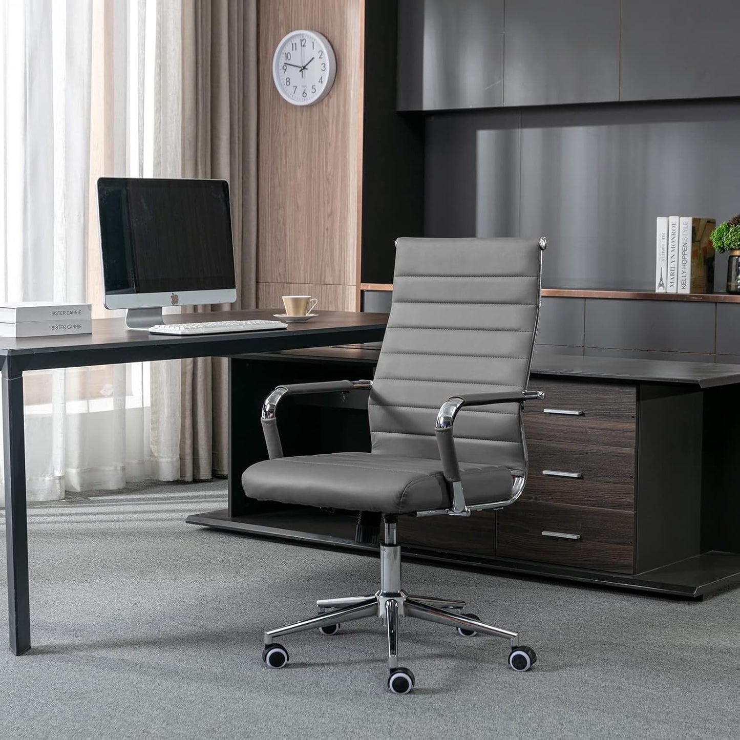 Home Office Chair Ribbed, Modern Leather Conference Waiting Room Chairs,Ergonomic Office Desk Chair, High Back Executive Computer Chair, Adjustable Swivel Chair with Arms (Gray)