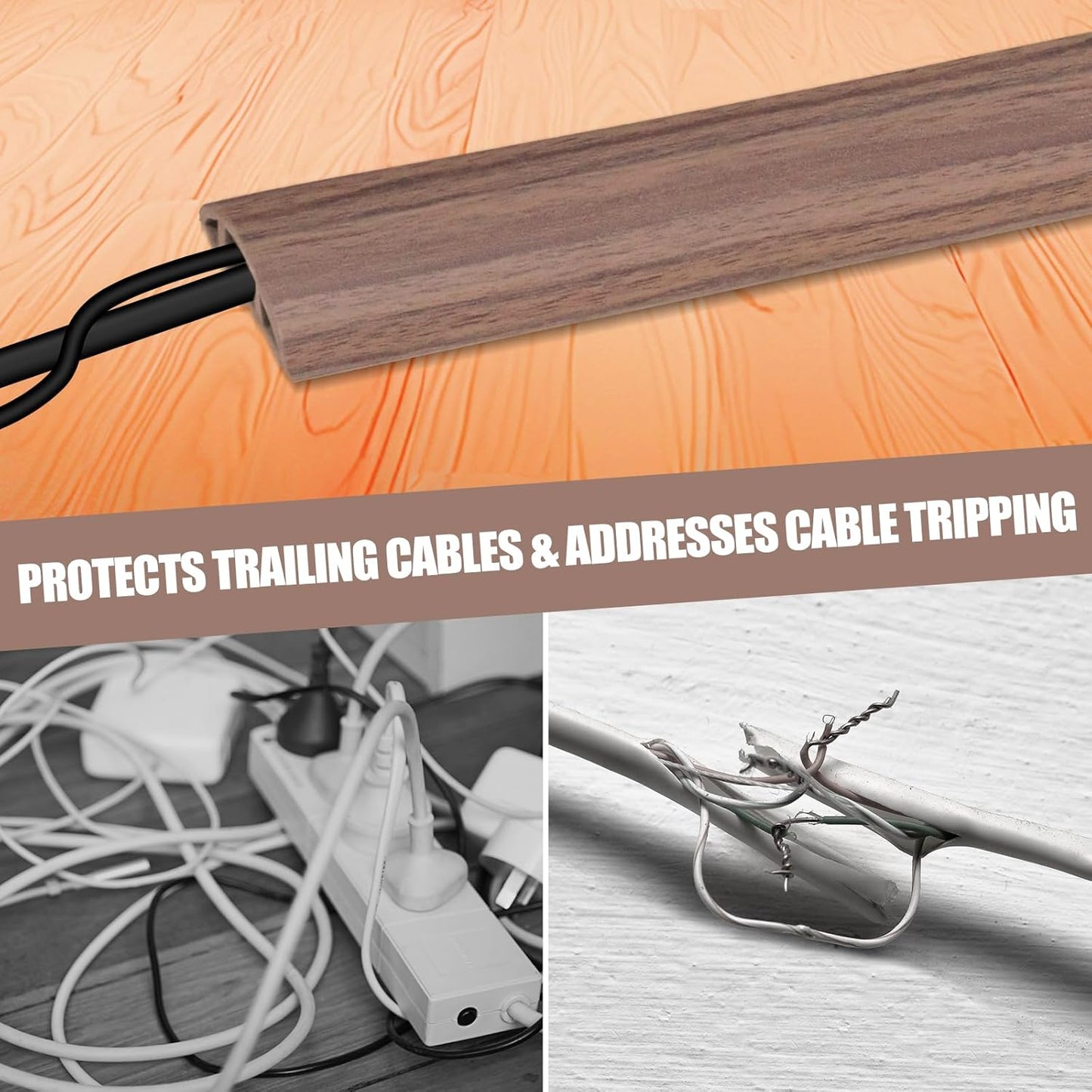 Floor Cord Cover Self Adhesive Cord Hider,3.3FT Cable Management, Extension Strip Protector for Wires, Prevent Cable Trips for Offices, Gyms, Exhibitions Cavity:0.3"(W) x 0.28"(H) Wood Walnut