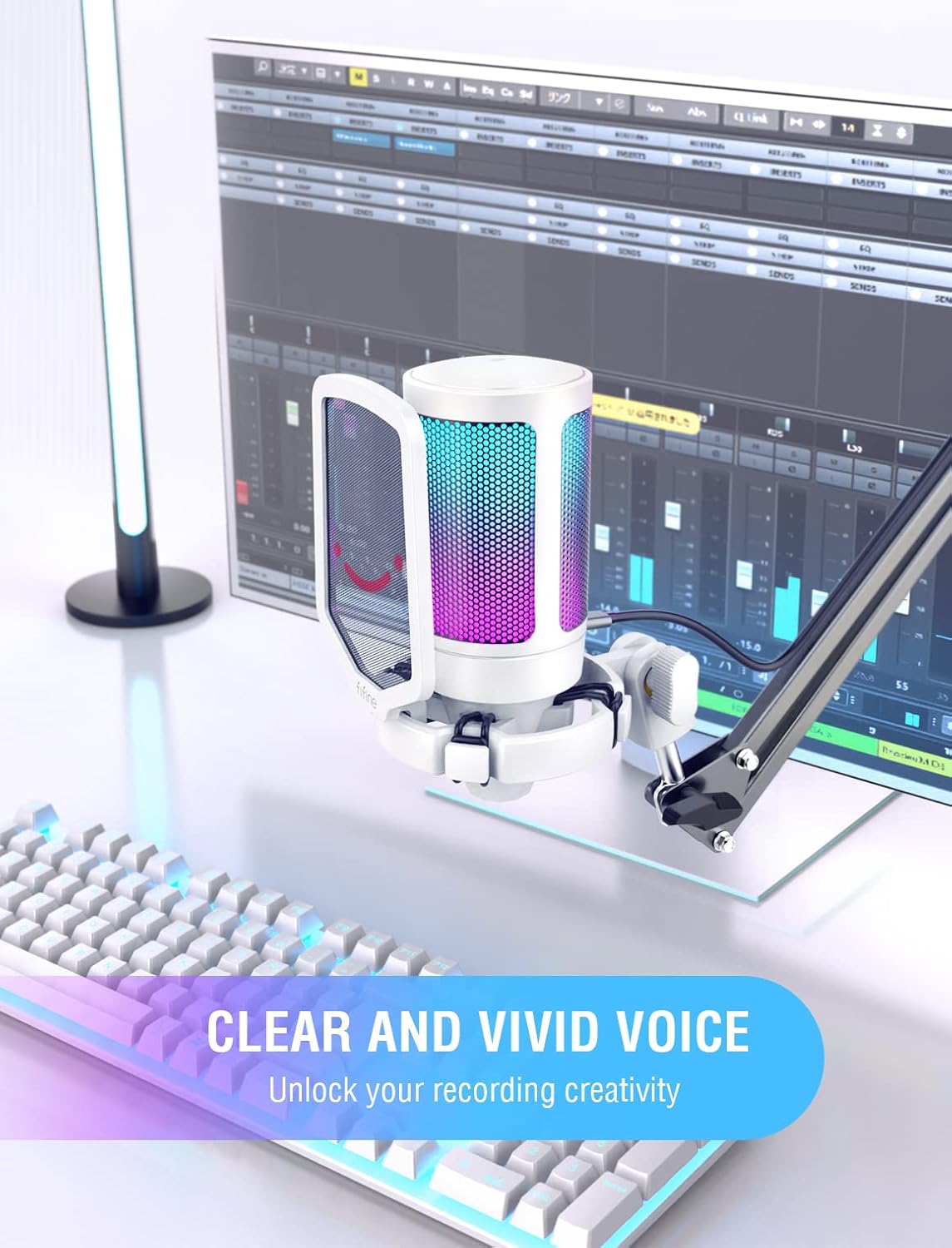FIFINE AmpliGame USB Microphone, PC Gaming Recording Desktop Laptop Mic, RGB Streaming Podcasting Condenser Mic for Online Game, Vocal, with Mute Button, Gain Knob, Tripod Stand-A6V White
