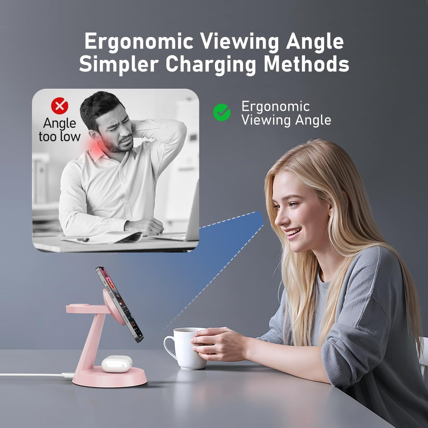 3 in 1 Wireless Charging Station for Apple Mag-Safe 15W Fast Charger Stand for Multiple Apple Devices Magnetic Charger for iPhone 16/15/14/13/12 Series, AirPods, iWatch Series(Pink)