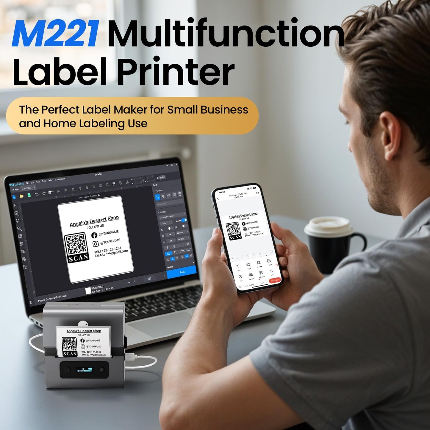 Phomemo Label Makers- Barcode Label Printer M221 3 Inch Label Maker Bluetooth Thermal Printer for Small Business/Home Use, for Barcode, Address, Logo, Stickers, Compatible with Phone & PC, Gray