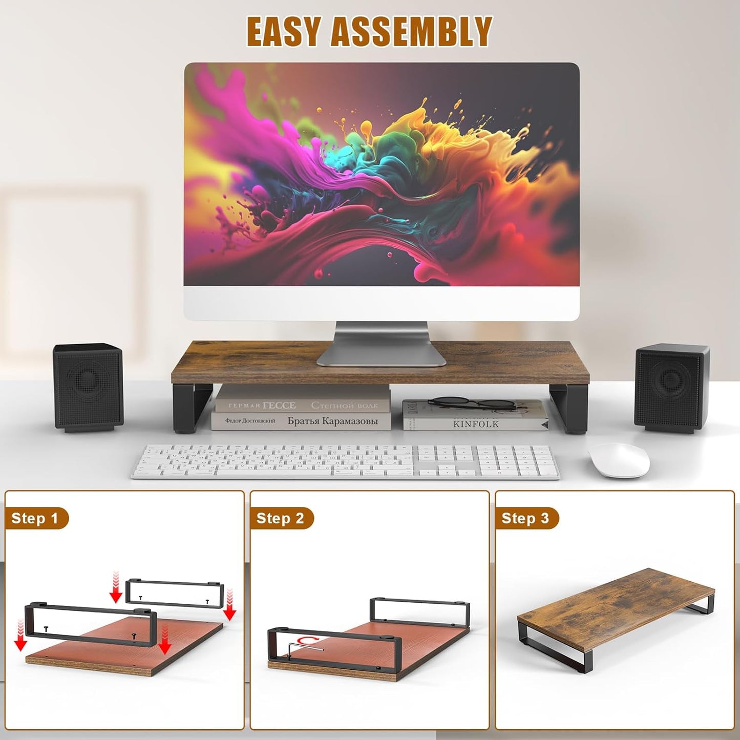 XINYAO Computer Monitor Stand for Desk, 24 inch Ergonomic Desks Riser with Spacious Storage for Laptop, Printer, Accessories