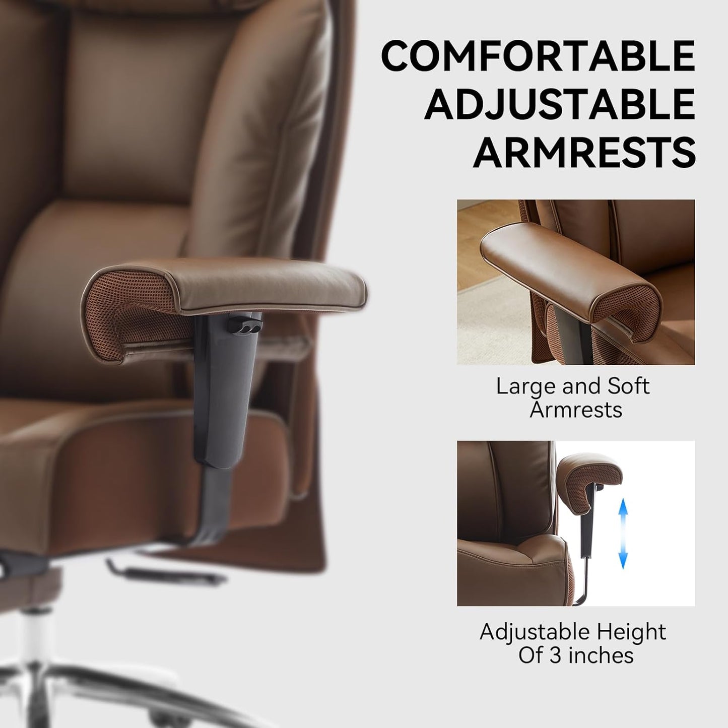 Big and Tall Ergonomic Office Chair 450LBS with Foot Rest, High Back PU Leather Executive Chair with Adjustable Padded Armrests, Lumbar Support for Home or Work, Heavy Duty Computer Chair, Brown