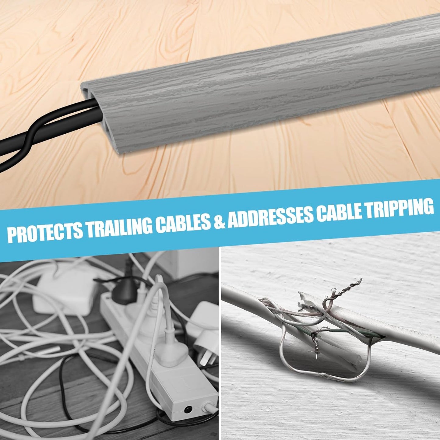 Floor Cord Cover Self Adhesive Cord Hider,10FT Cable Management, Extension Strip Protector for Wires, Prevent Cable Trips for Offices, Gyms, Exhibitions Cavity:0.39"(W) x 0.27"(H) Gray Wood
