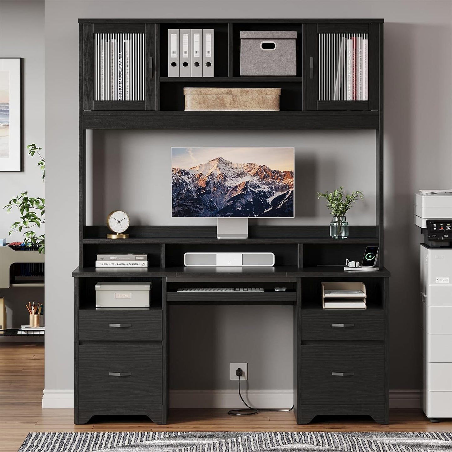 Bestier 77.8" H Executive Desk with Hutch, Modern Wood Computer Desk with Drawers, Charging Station, LED Light, Fluted Storage Cabinet, Keyboard Tray, 59" W Office Desk for Home Office, Black