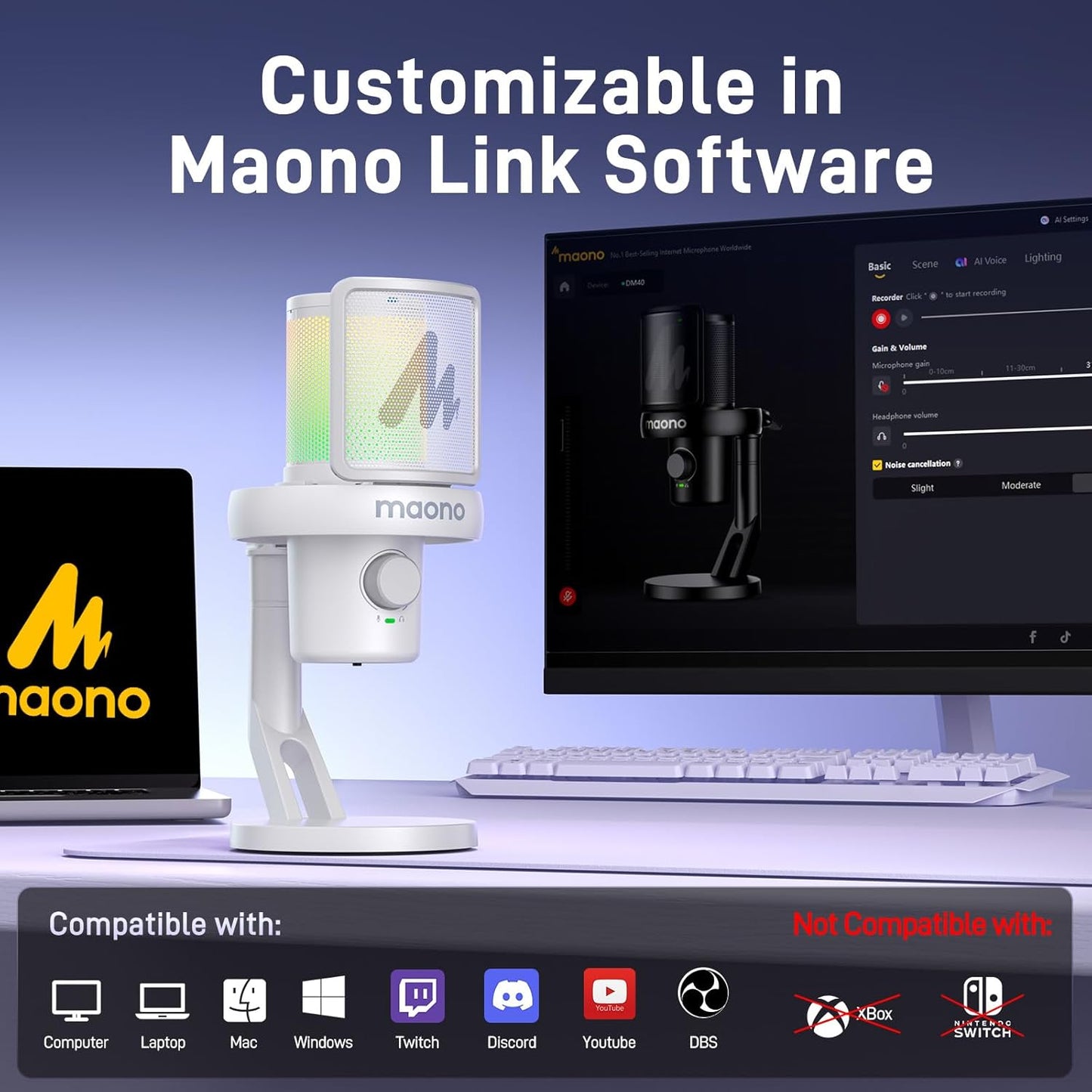 MAONO Wireless Microphone for PC,Gaming Streaming USB Mic with Software AI Voice Change,3-Level Noise Cancellation,Custom EQ,Gain Control for Computer Podcast Recording (DM40 AI Mic, DM40-White)