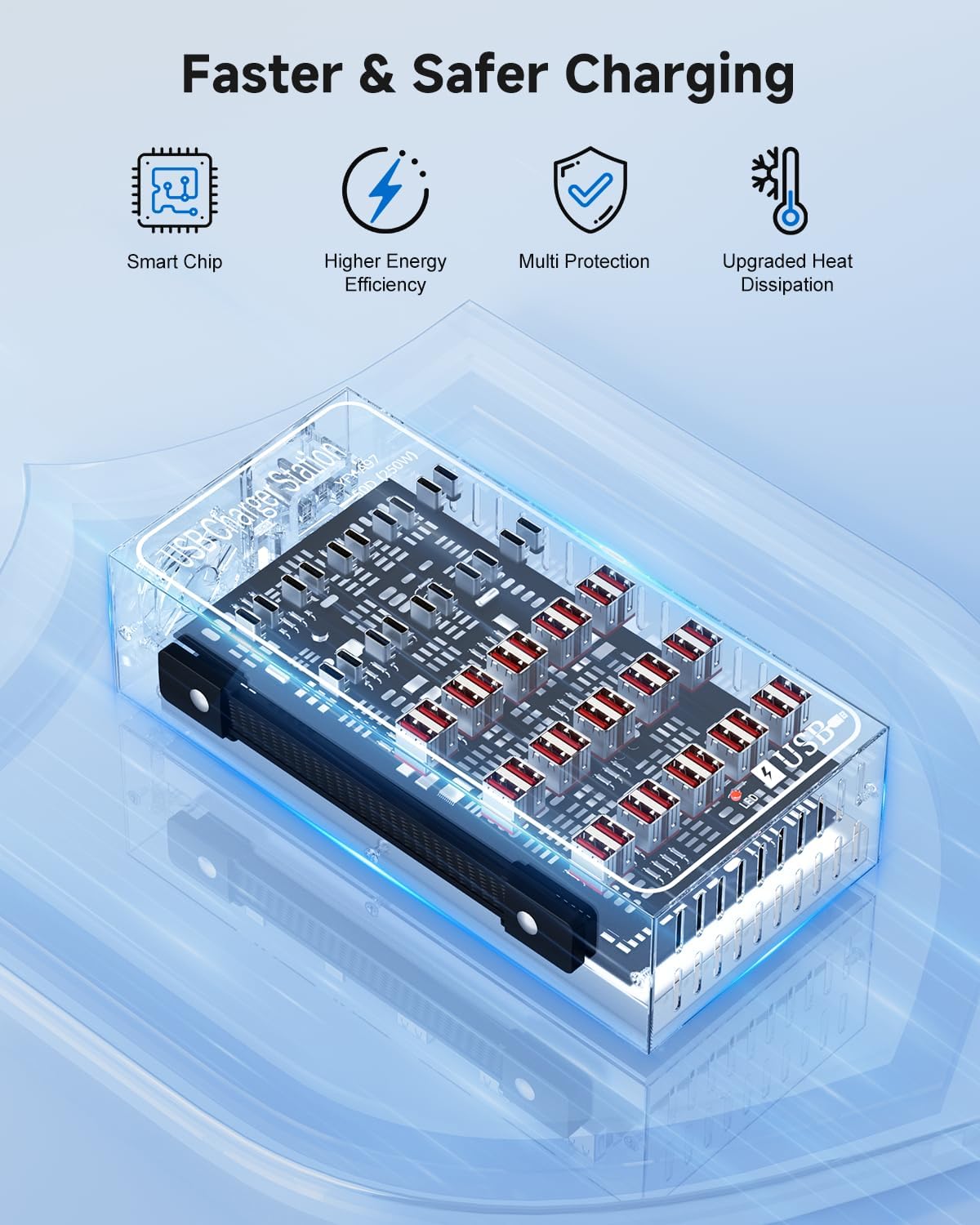 250W USB~c Charging Station, 50 Port (30 USB A & 20 USB~C Port) USB~C Charger Block, Fast Charging Station for Multiple Devices, Desktop USB Charger Compatible for iPhone, iPad, Tablets