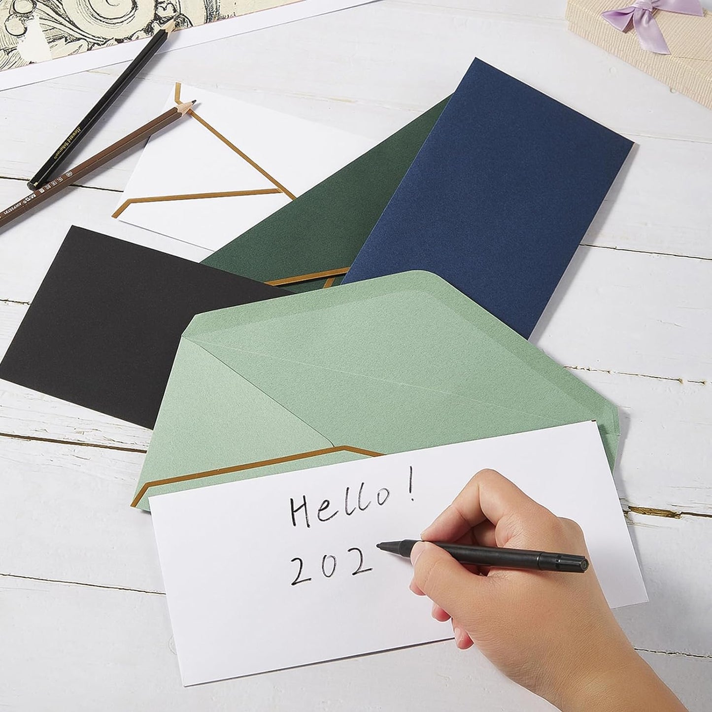 30 Pack Thick #10 Business Envelopes with Gold Border, 4 1/8 x 9 1/2 Thick Paper Standard Envelopes with Stickers for Office, Checks, Letter Mailing, Invoices (Black)