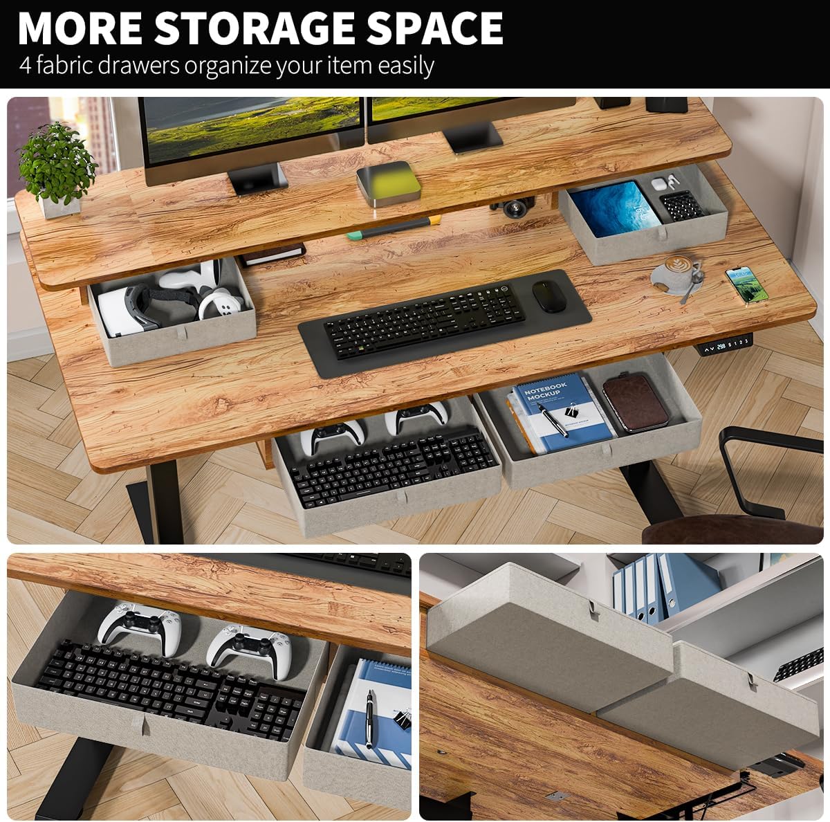 Standing Desk with Fast Charging USB Ports, 55" x 30" Height Adjustable Home Office & Gaming Desk, Sit Stand Desk with Built-in Storage Shelf, Hook & Ergonomic Design(Light Rustic)