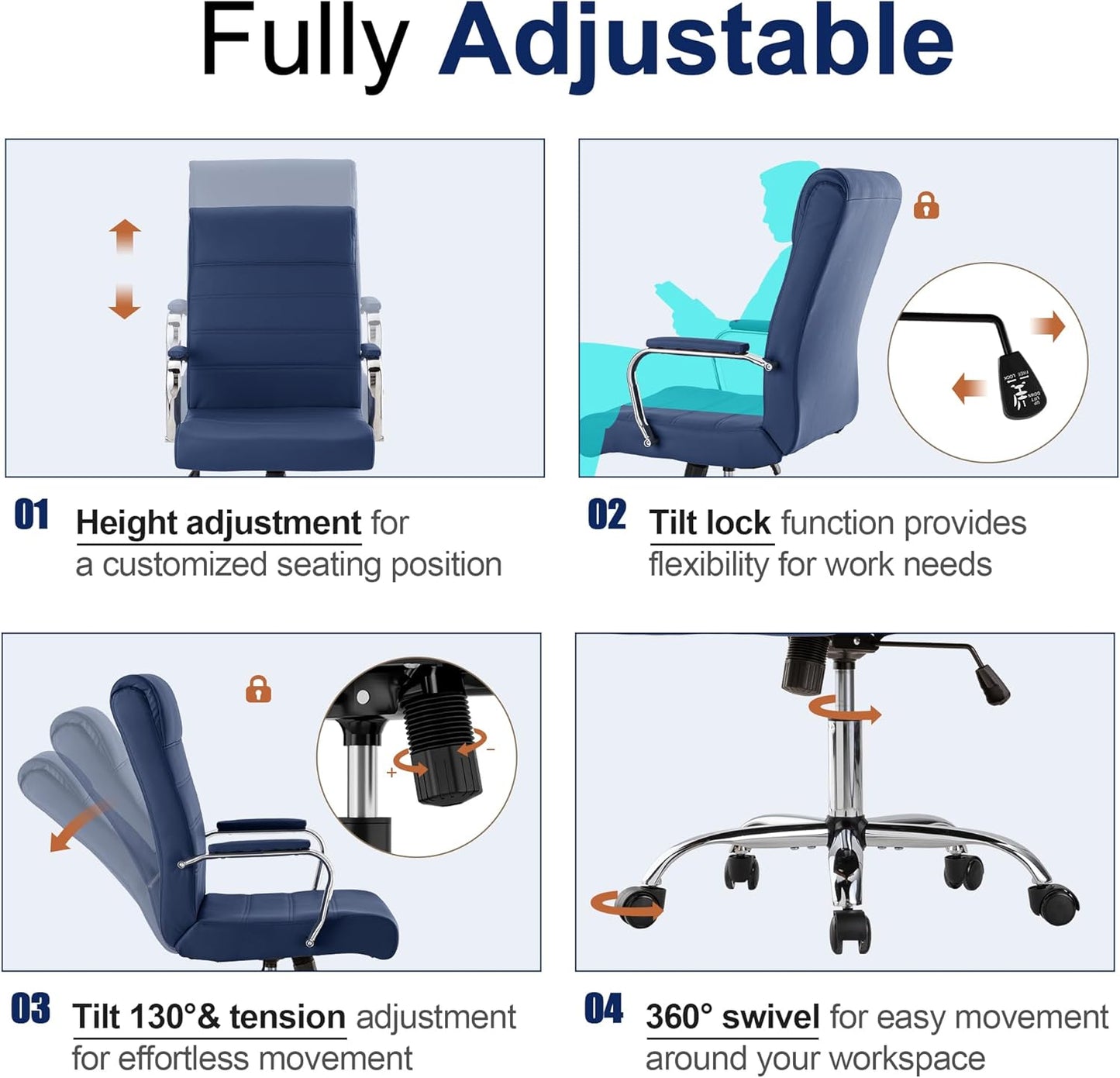 Modern Office Desk Chair, Conference Room Chairs, High Back Ergonomic Home ofiice Chair, Adjustable Height Swivel Executive Computer Chair with Padded Seat and Armrest (Blue)