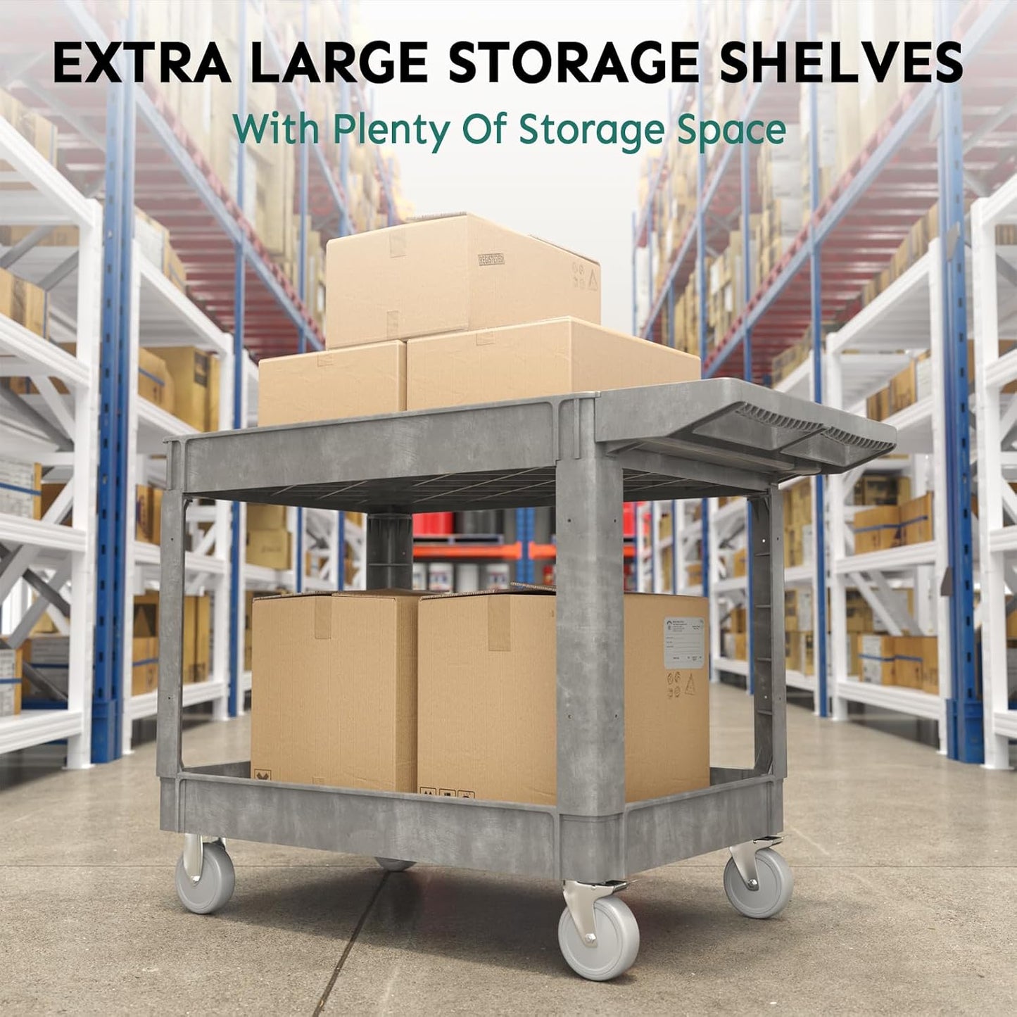 Utility Cart on Wheels, 1000 lbs Capacity Rolling Service Cart, 45 x 25 Inch Work Carts, 2 Shelf Heavy Duty Plastic Tool Cart, Lipped Shelves, for Warehouse, Garage, Cleaning, Gray
