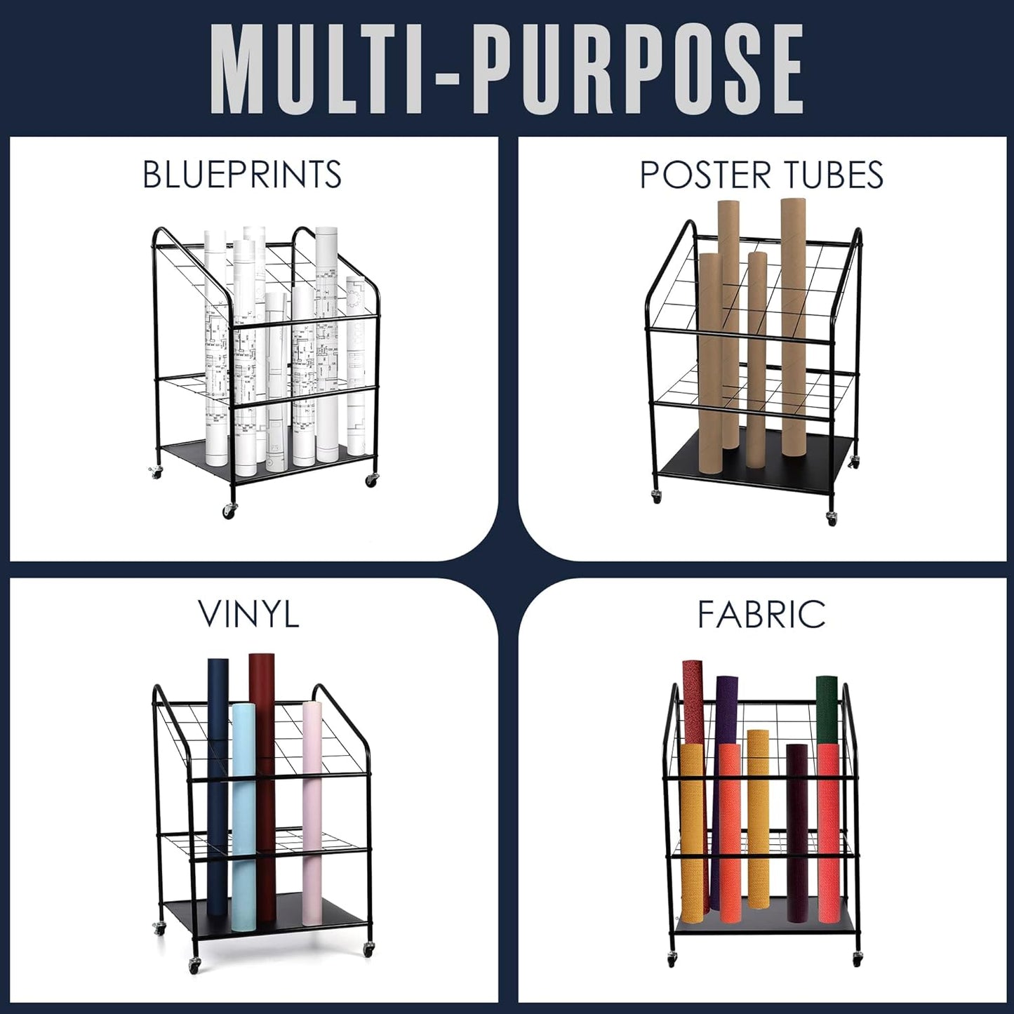 Houseables Blueprint Holder, Blueprint Storage, Construction Plan Holder, Storage Rack, Print Rack, Map Cabinet, Poster Display, Blue Print Organizer On Wheels, Architect, Paper, Tube, 20 Slot Cart