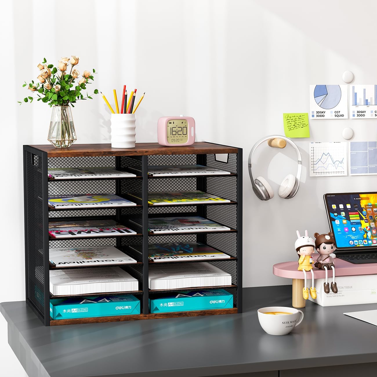 PAG Mass Mail Sorter - Adjustable Mail Holder, Countertop Literature Organizer, Student Mailbox for Classroom, Desktop Bill Paper Organizer for Office Home School, 12 Compartments, Brown